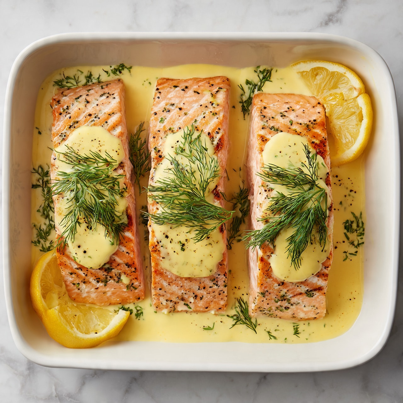 The image shows four pieces of cooked salmon arranged evenly inside a white baking dish. Each salmon piece has a light pink color with visible grill lines and is topped with a smooth light yellow sauce. Fresh green dill sprigs rest on top of the sauce on each salmon piece. There are yellow lemon wedges placed along the edge inside the dish. The background is a white marbled surface. Photo taken with an iphone --ar 4:5 --v 7