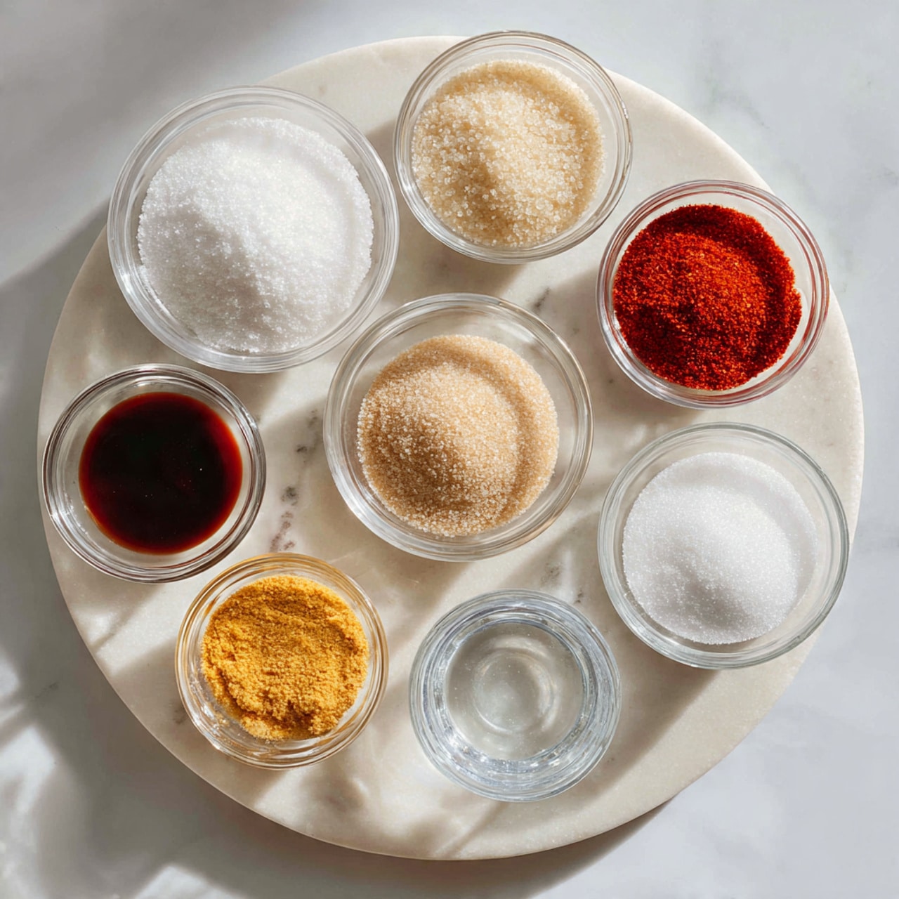A white marbled surface holds nine clear and white bowls arranged in a loose circle. Each bowl contains a single ingredient: white granulated sugar, light brown sugar, a light yellow powder, a darker yellow powder, bright red paprika, a dark brown liquid, ketchup, white salt, and a small glass of water. The bowls vary in size, with some small and some medium, all neatly spaced on the surface. The overall arrangement looks clean and organized, with soft natural light. Photo taken with an iphone --ar 4:5 --v 7