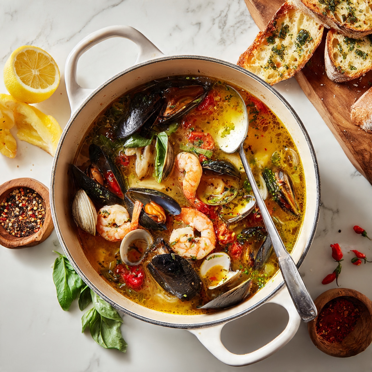 Inside a white pot with handles, there is a seafood stew showing multiple layers: a clear golden broth with herbs floating on top, pink shrimp with tails curled, white scallops, black mussels with shells open, and small pieces of red tomatoes scattered throughout. A silver ladle rests inside the pot, partly submerged in the stew. Surrounding the pot on a white marbled surface are toasted slices of bread with herbs on a wooden board, bright green basil and parsley leaves, halved yellow lemons, a small bowl of red pepper flakes, and some red cherry tomatoes. The photo is taken with an iphone --ar 4:5 --v 7