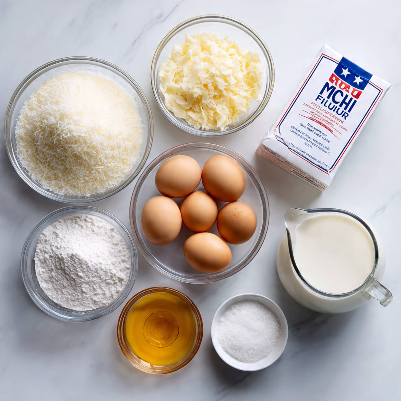 A top view image shows several clear glass bowls and a white box of mochi sweet rice flour arranged neatly on a white marbled surface. The bowls contain different ingredients: shredded white substance that looks like coconut flakes, granulated white sugar, five light brown eggs grouped in one bowl, melted butter with a yellow shiny texture, a small bowl with a dark amber liquid, and another tiny bowl holding white baking powder. There is also a clear glass measuring jug filled with white milk on the right side. The box has a white background with red and blue text, and a blue star logo in the center. photo taken with an iphone --ar 4:5 --v 7