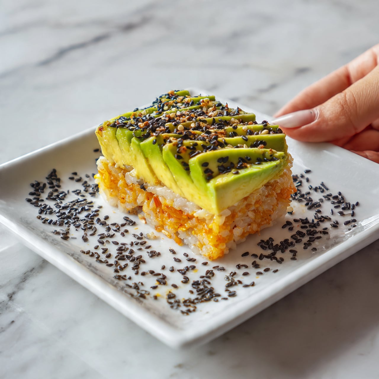 The image shows a close-up of a sushi piece resting on a white square plate with black sesame seeds sprinkled on top. The sushi has three visible layers: the bottom layer is a sticky, bright orange rice mixed with small bits of orange sauce or seasoning; the middle layer is a light yellow, slightly creamy layer visible through the rice; the top layer is a smooth, thick slice of pale green avocado with black sesame seeds spread across it. The sushi piece has jagged edges and a woman’s hand is partially visible holding or reaching for it. The plate sits on a white marbled surface. photo taken with an iphone --ar 4:5 --v 7