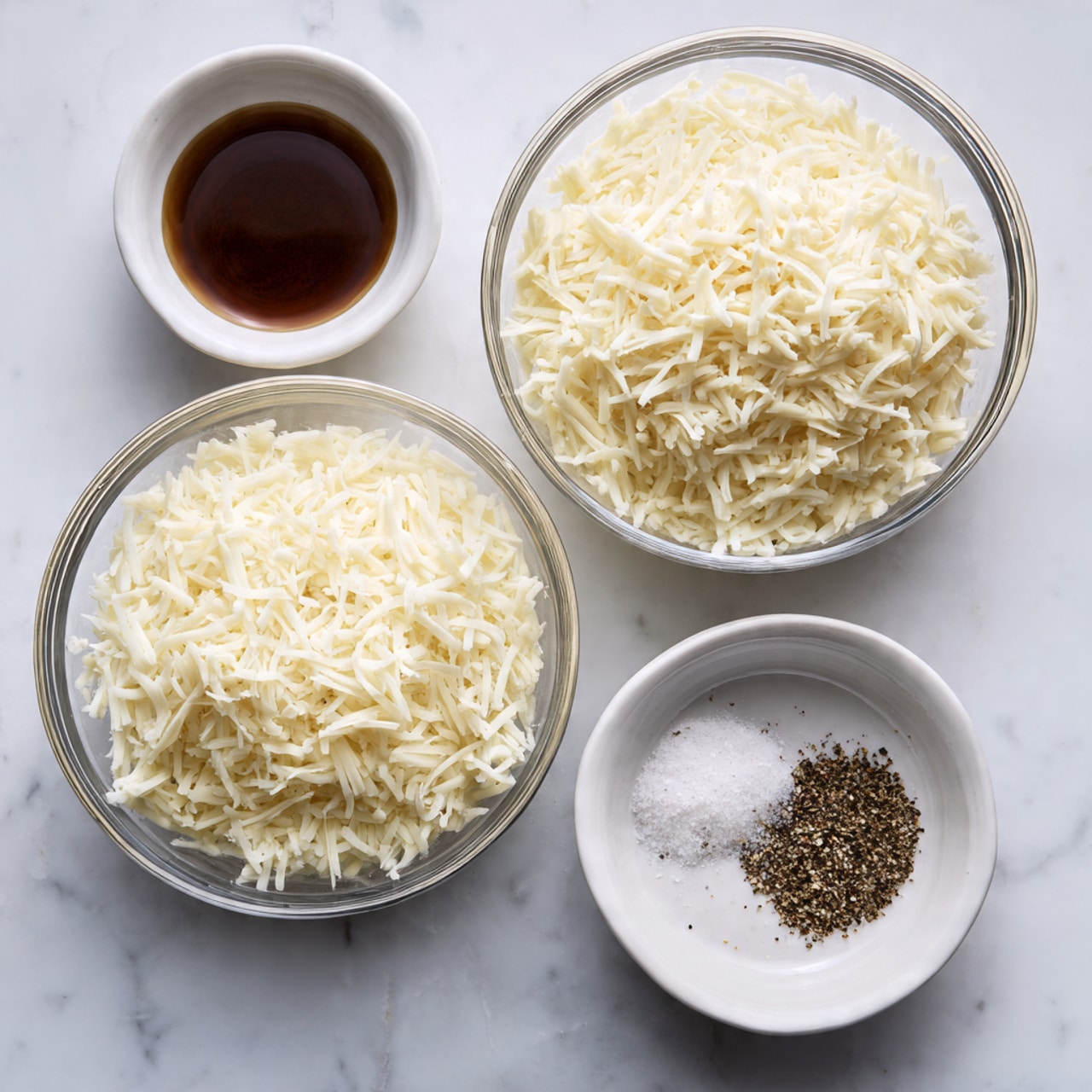 Three clear glass bowls are placed on a white marbled surface, each filled with different amounts of shredded white cheese—two larger bowls at the top containing fuller piles, and a smaller bowl in the middle with a lesser amount of cheese. Below these, two small white bowls are set side by side; the left one holds a dark brown liquid, while the right one contains a mix of salt and black pepper. The arrangement is neat and evenly spaced. Photo taken with an iphone --ar 4:5 --v 7