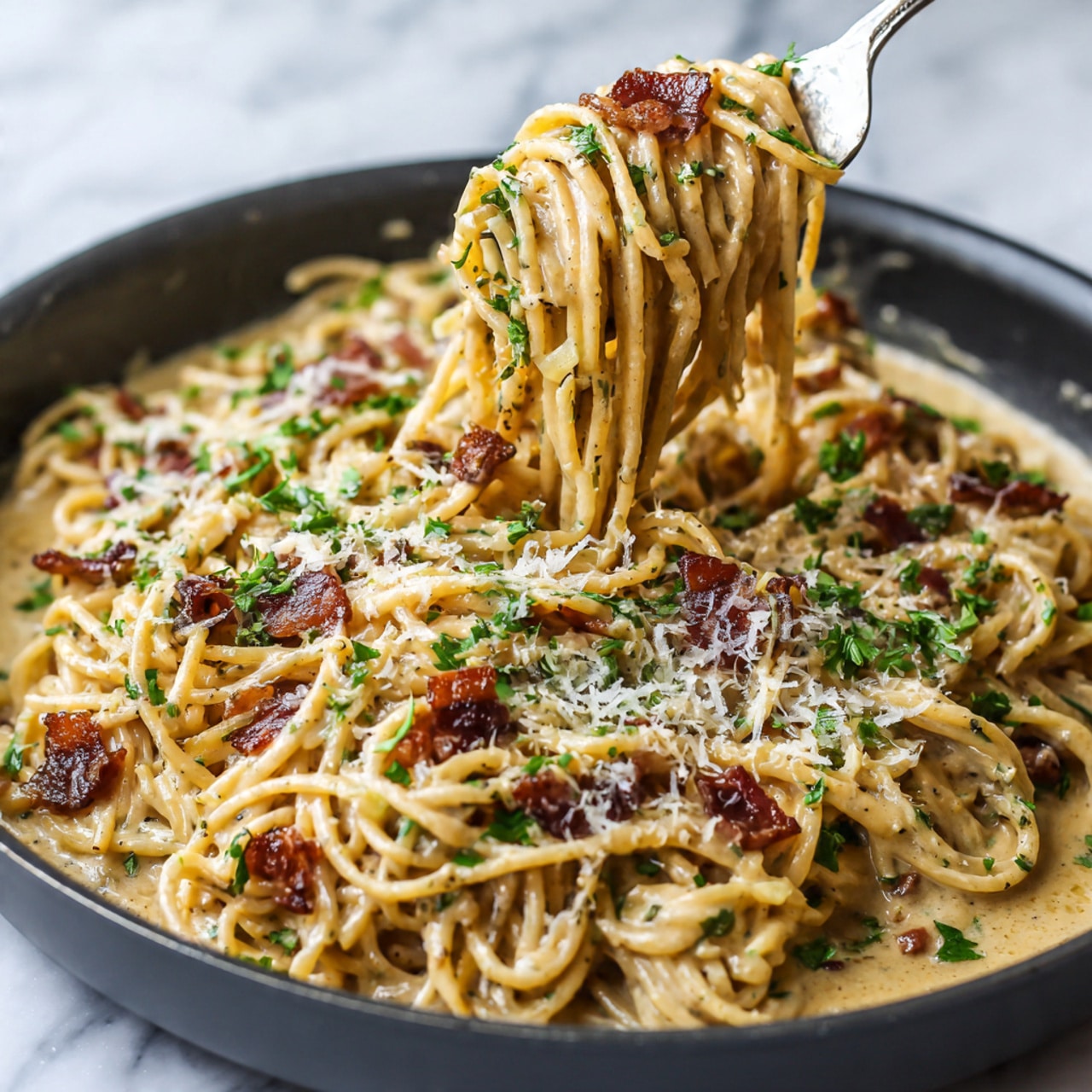 The image shows a close-up of cooked spaghetti with light beige creamy sauce, sprinkled with small green parsley pieces and grated white cheese on top. Mixed in are several small, dark brown, crispy bacon strips scattered unevenly through the spaghetti. The pasta is being twirled with a fork, lifting a clump of noodles that look soft and slightly shiny from the sauce. The dish is served in a dark pan, placed on a white marbled surface. The sauce pools slightly at the bottom, showing a smooth and slightly thick texture photo taken with an iphone --ar 4:5 --v 7