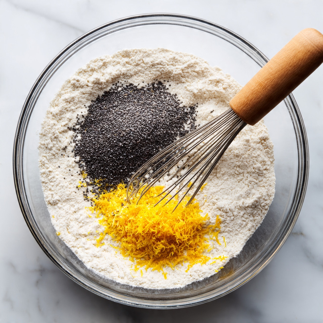 A clear glass bowl holds three main layers of ingredients on a white marbled surface: a large base layer of fine white flour spread evenly across the bowl bottom, a smaller top left mound of tiny black poppy seeds slightly piled up, and a small right side heap of bright yellow lemon zest with its stringy texture visible. A whisk with thin metal wires and a wooden handle rests inside the bowl, touching the ingredients. Photo taken with an iphone --ar 4:5 --v 7