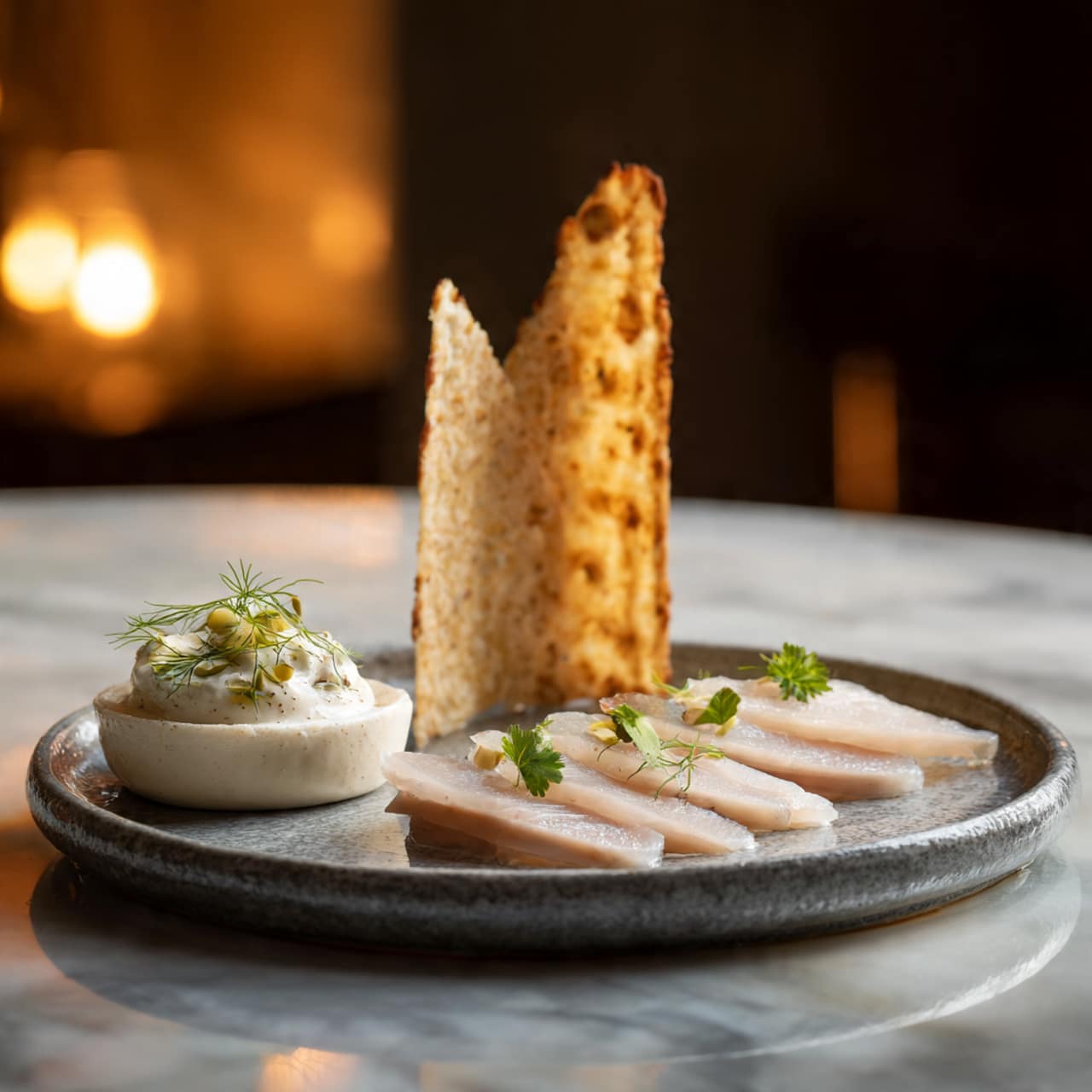 The image shows a round gray stone plate on a white marbled surface, holding a dish with three main parts: five light pink slices of fish placed side by side slightly overlapping in the middle, a round dollop of creamy white sauce on the left topped with green herb sprigs, and a tall, crispy beige wafer standing vertically behind the fish slices. The lighting is soft and warm, making the textures of the fish smooth and slightly shiny, the sauce creamy, and the wafer crisp. Photo taken with an iphone --ar 4:5 --v 7