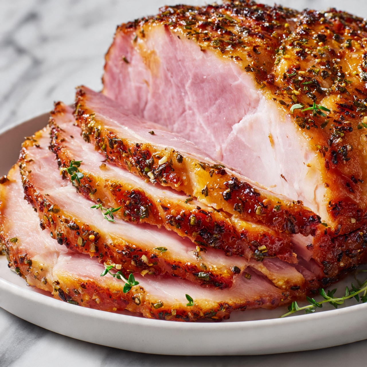 A close-up of a sliced ham with a glistening golden-brown crust covered in specks of herbs and spices, showing a pattern of layers where the smooth pink meat transitions to a slightly darker cooked edge with a shiny texture; the slices are stacked neatly in front of the larger piece, with bits of green herbs scattered on and around the ham, all set on a white plate that rests on a white marbled surface. Photo taken with an iphone --ar 4:5 --v 7