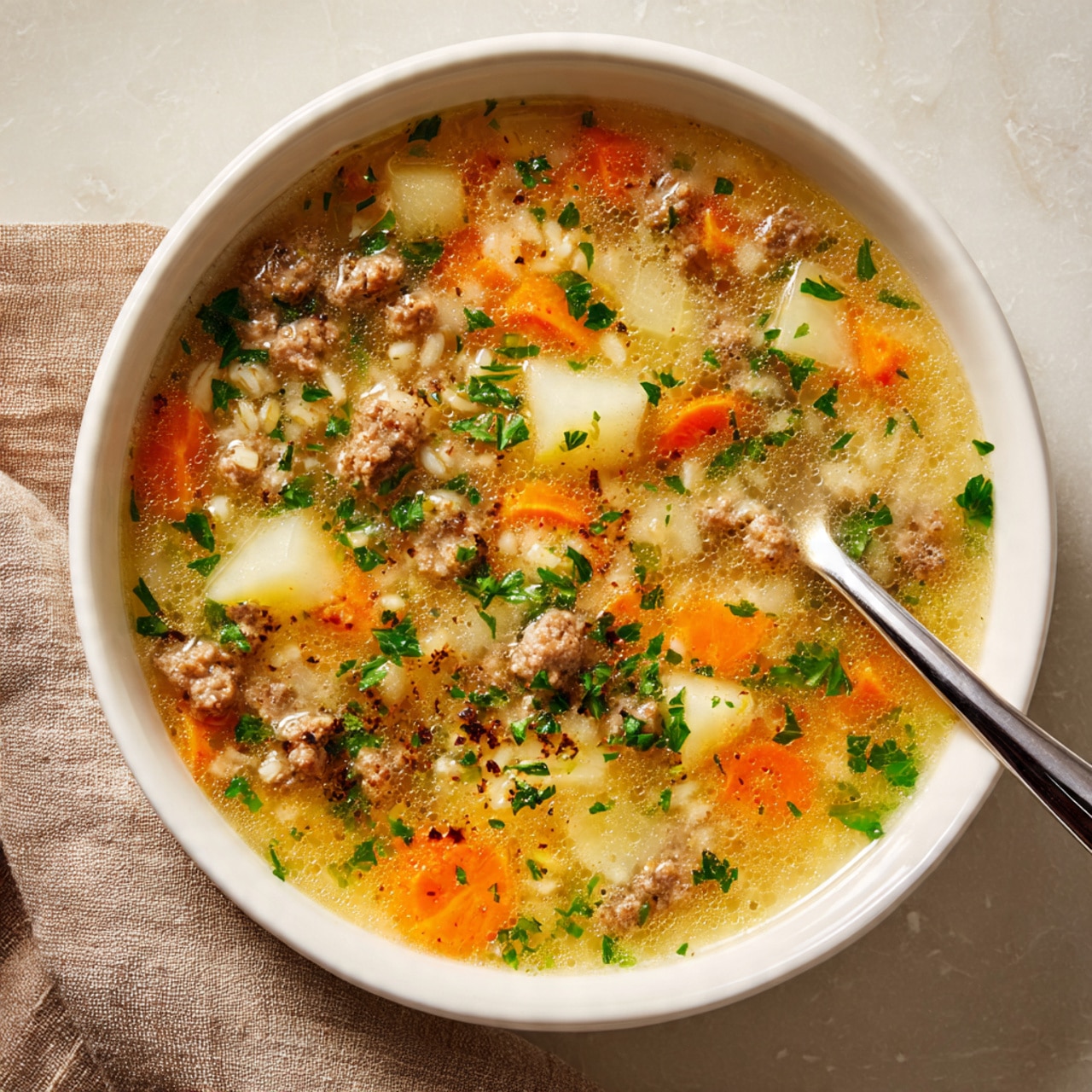 A white bowl filled with a warm soup made of many layers: small brown meat chunks scattered evenly, thick white potato pieces, bright orange carrot slices, small beige barley grains, and bits of green celery and parsley sprinkled on top for color. The broth is light yellow and clear, filling the bowl halfway and glowing in the light. A silver spoon is partially submerged on the right side, with a white marbled surface beneath the bowl and a light brown cloth napkin underneath. The scene looks cozy and fresh, photo taken with an iphone --ar 4:5 --v 7