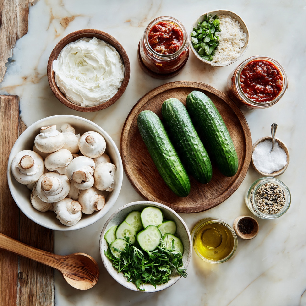 The image shows a wooden table covered with various ingredients arranged neatly. In the center, there is a round wooden board with three whole green cucumbers placed side by side. Around the board, there are multiple white bowls and containers: one filled with whole white mushrooms, another with sliced cucumbers, a small bowl of white cream, jars with red sauce and oil, a bowl with fresh green herbs, and a wooden spoon. The setting is simple and focused on fresh, raw ingredients. The surface underneath is a white marbled texture. photo taken with an iphone --ar 4:5 --v 7