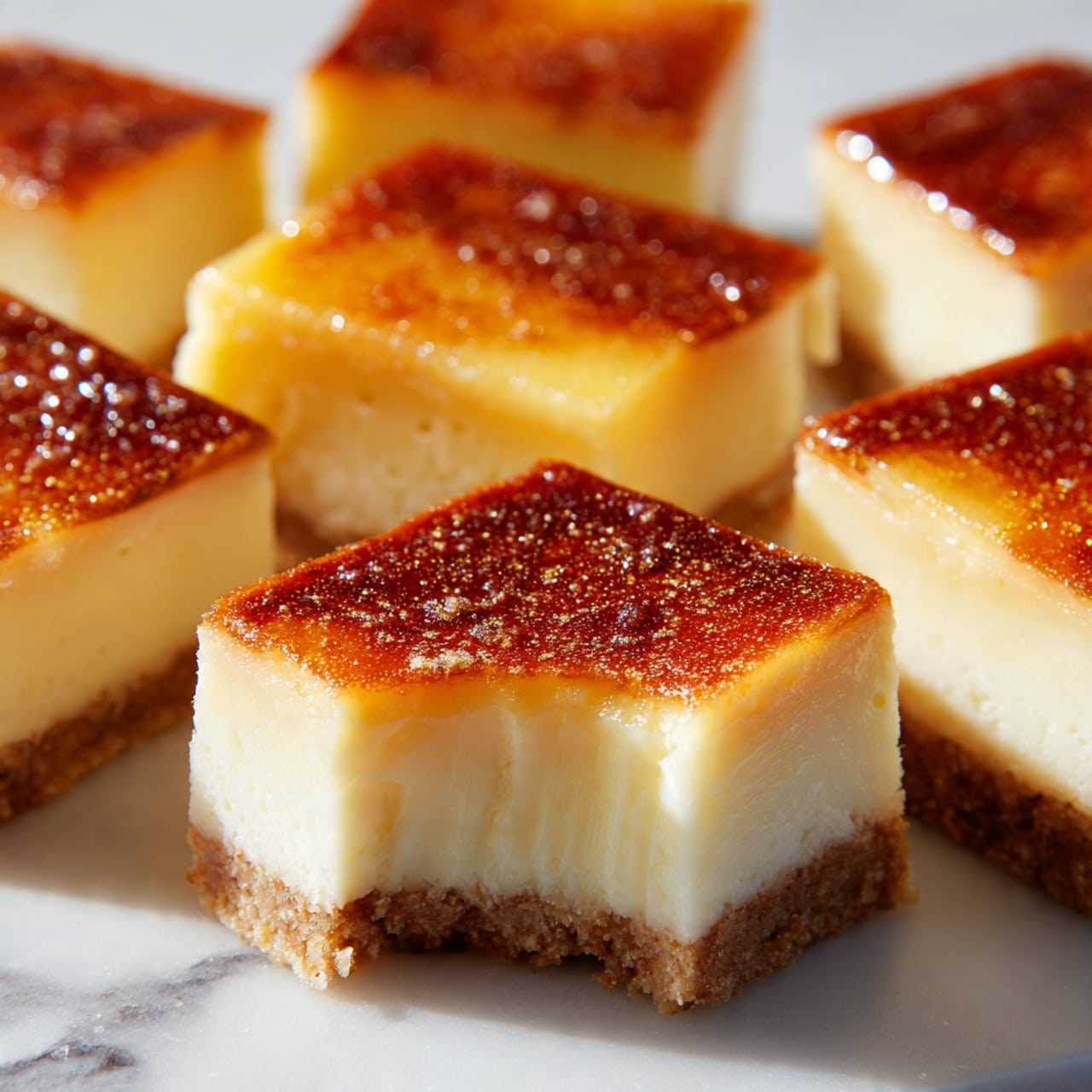 The image shows multiple square pieces of a dessert arranged closely on a white marbled surface. Each piece has three visible layers: a thin, browned bottom crust that looks slightly crisp, a thick, translucent middle layer in pale yellow or off-white with a smooth, soft texture, and a thin, slightly caramelized golden-brown top layer that shines slightly. One piece is slightly pulled away, showing the layers clearly and their soft, moist texture, while the other pieces remain whole and close together. The lighting highlights the texture and slight glossiness of the middle and top layers, making the dessert look fresh and inviting. Photo taken with an iphone --ar 4:5 --v 7