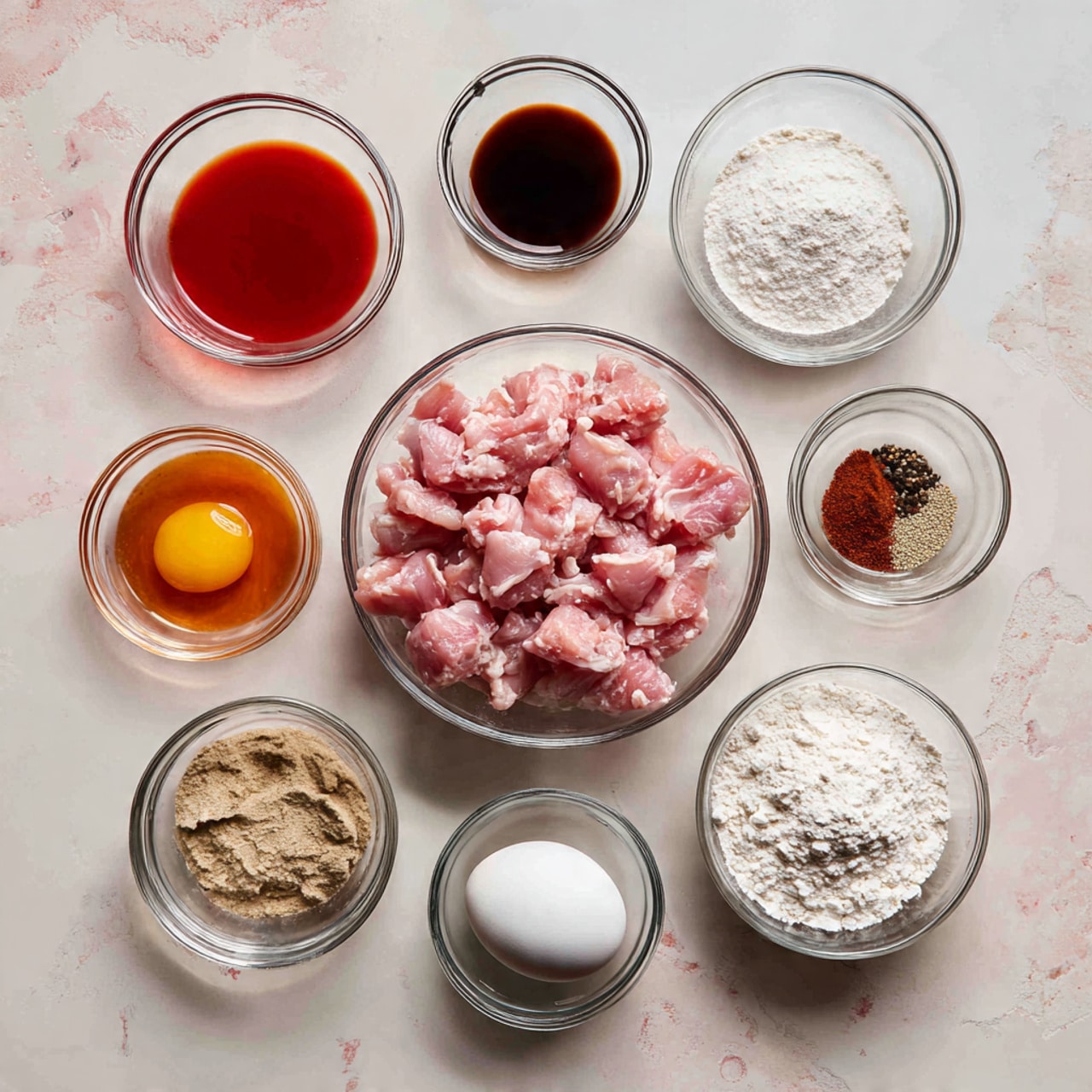 The image shows ten clear glass bowls arranged on a white marbled surface with a textured look. In the bottom center is a large bowl filled with raw pink pieces of chicken. Around it are smaller bowls with different ingredients: on the bottom left is a red-orange liquid, next to it a bowl with a white egg on the right. Above those, from left to right, are four small bowls containing white powder, a thick light brown paste, black pepper, and white powder again. At the top center are three bowls with white flour, a dark brown liquid, and more white flour spread evenly. The overall colors are soft pinks, whites, blacks, and reds, with the textures ranging from powdery to smooth liquids and raw chicken skin. photo taken with an iphone --ar 4:5 --v 7
