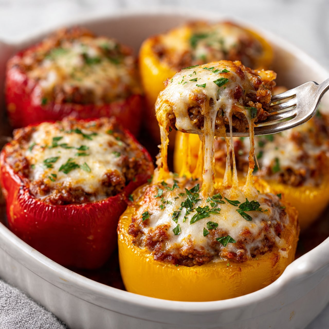 The image shows several stuffed bell peppers placed closely together in a white ceramic baking dish on a white marbled surface. Each pepper is hollowed and filled with a mix of ground meat and rice, topped with melted cheese sprinkled with chopped green herbs. The peppers are red and yellow, with one yellow pepper at the front where a fork lifts a cheesy, stringy bite, revealing the moist, cooked filling underneath. The melted cheese on top is golden and slightly browned, creating a bubbly texture. Photo taken with an iphone --ar 4:5 --v 7