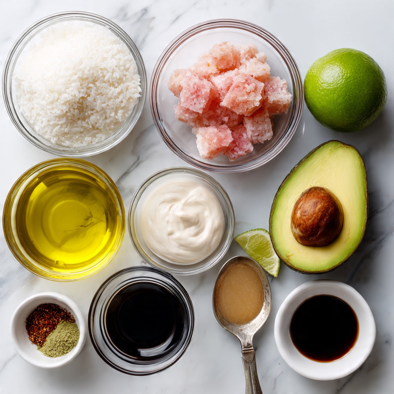 The image shows several clear glass bowls arranged on a white marbled surface. One bowl contains white rice grains, another has small chunks of raw pink fish, and a third holds a white creamy sauce. There is a halved lime with bright green flesh, a whole ripe avocado with dark green skin, a round bowl with yellowish olive oil, a small bowl of light brown sauce, a small spoon with dark red spice, and a small bowl of dark soy sauce. The setting looks clean and simple, with all ingredients neatly separated. Photo taken with an iphone --ar 4:5 --v 7