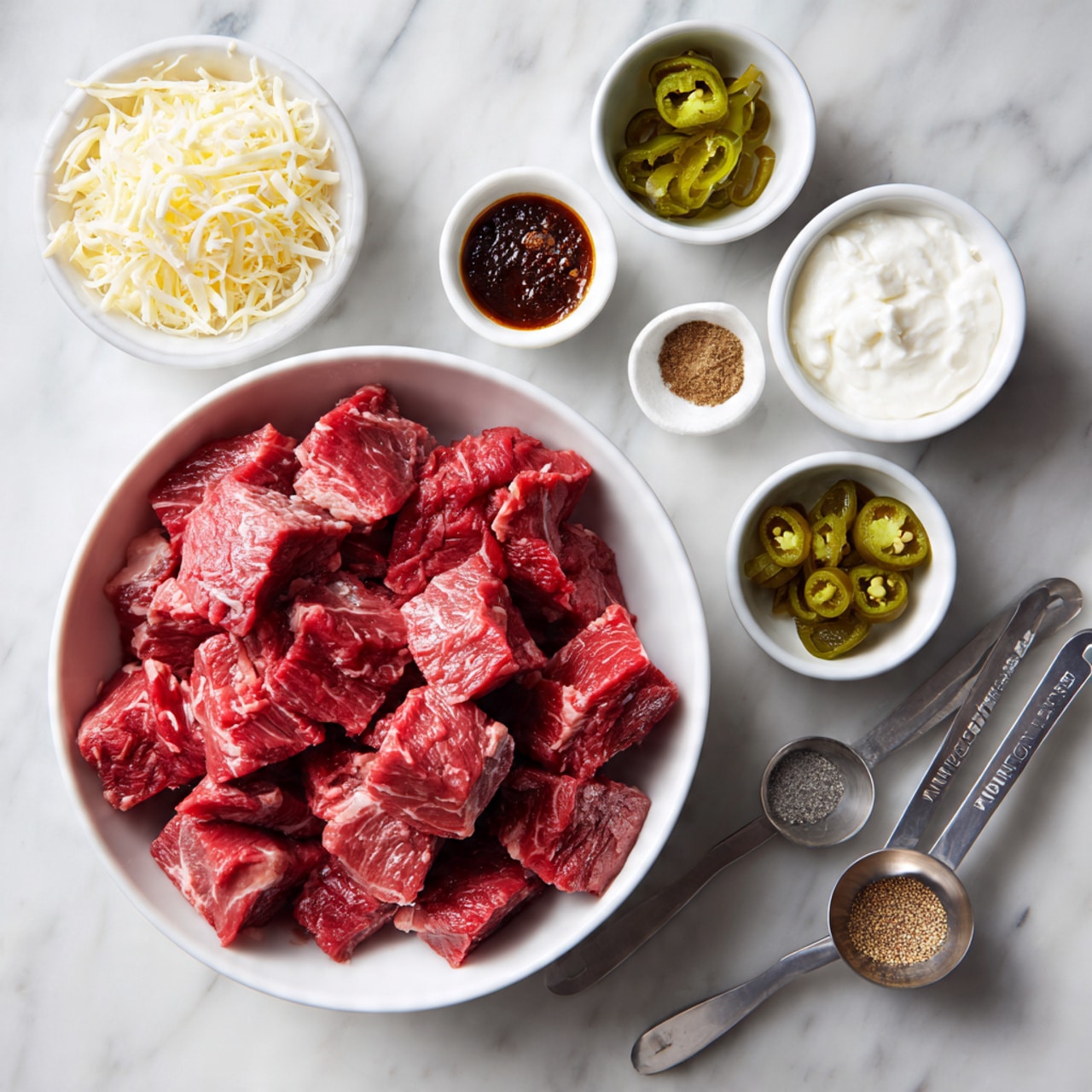 A white bowl filled with raw red meat pieces is placed on a white marbled surface. Around the bowl are small white round bowls containing different sauces and ingredients: one has shredded cheese, another has a dark sauce, one has white yogurt or sour cream, another holds sliced green chilies, and there are small bowls with brown spices. Two silver measuring spoons with different spices are also on the surface. The layout is neat and organized, showing all ingredients clearly. Photo taken with an iphone --ar 4:5 --v 7