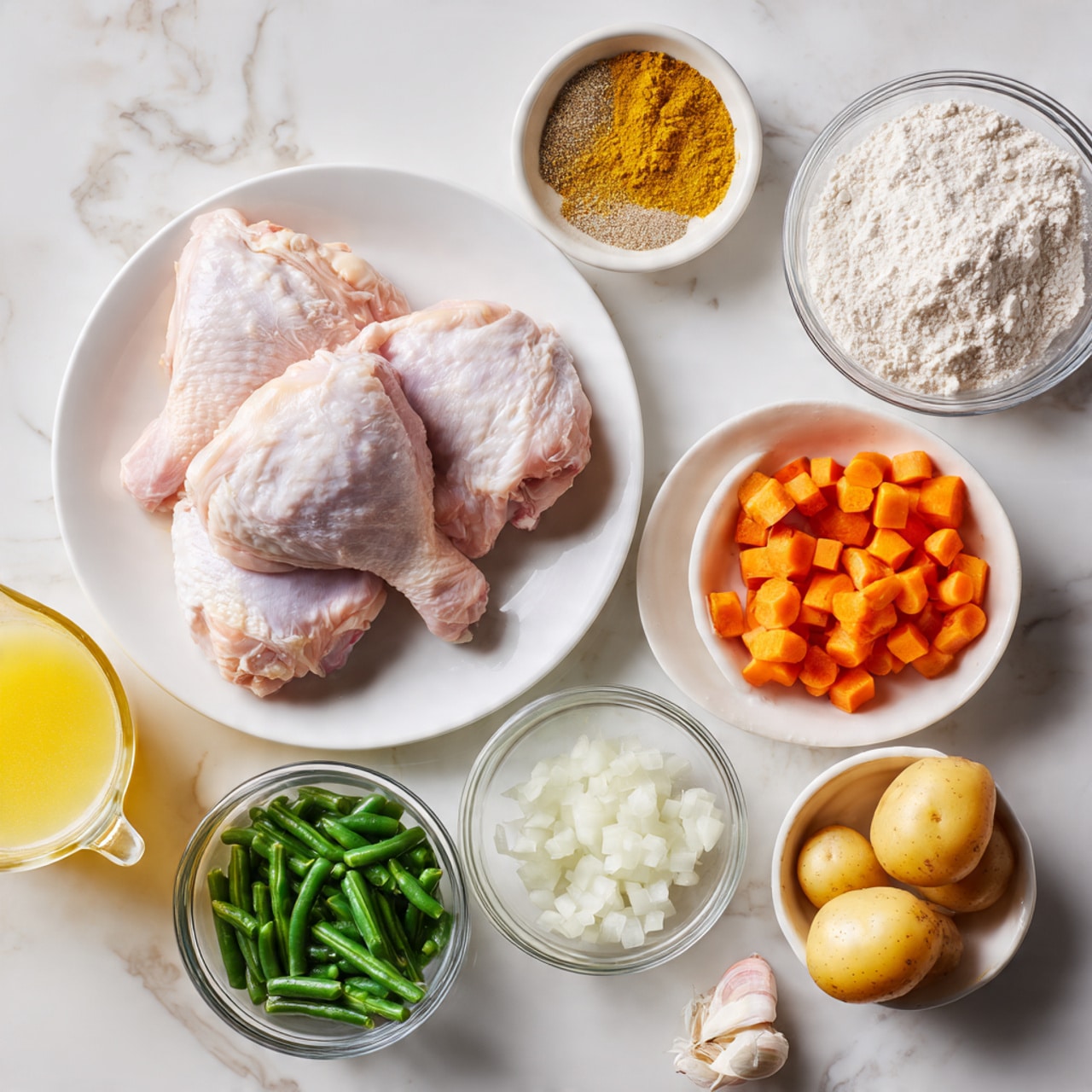 The image shows raw chicken thighs placed on a white plate in the top left corner, with two pieces stacked. Surrounding the plate, there are small bowls and glass containers, each holding different ingredients: to the right of the chicken, a small bowl has white flour; below it, another bowl contains a yellow and brown spice mix. Below that, a white bowl is filled with green frozen cut green beans. Next to it, a clear bowl holds bright orange diced carrots. In the bottom center, a clear bowl has finely chopped white onions, and beside it is a small container with two garlic cloves. In the lower left corner, a glass measuring cup contains a white liquid, likely cream. Above it, there is a white bowl with small round yellow potatoes, some halved. To the left of the potatoes, a glass container holds a yellow broth or stock. All items rest on a white marbled surface. Photo taken with an iphone --ar 4:5 --v 7