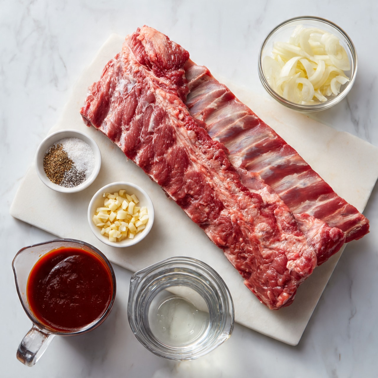 A large raw rack of ribs with visible bones and red meat with white fat lies on a white cutting board on the left side of the image. To the right, there are five clear glass containers arranged neatly on a white marbled surface: the top small bowl holds salt and black pepper mix, below it on the left is a small bowl of minced garlic, next to it on the right is a medium bowl with peeled, sliced onions, above these is a glass measuring cup with clear water, and below that is another measuring cup filled with thick dark red barbecue sauce. The scene is brightly lit with soft shadows. Photo taken with an iphone --ar 4:5 --v 7