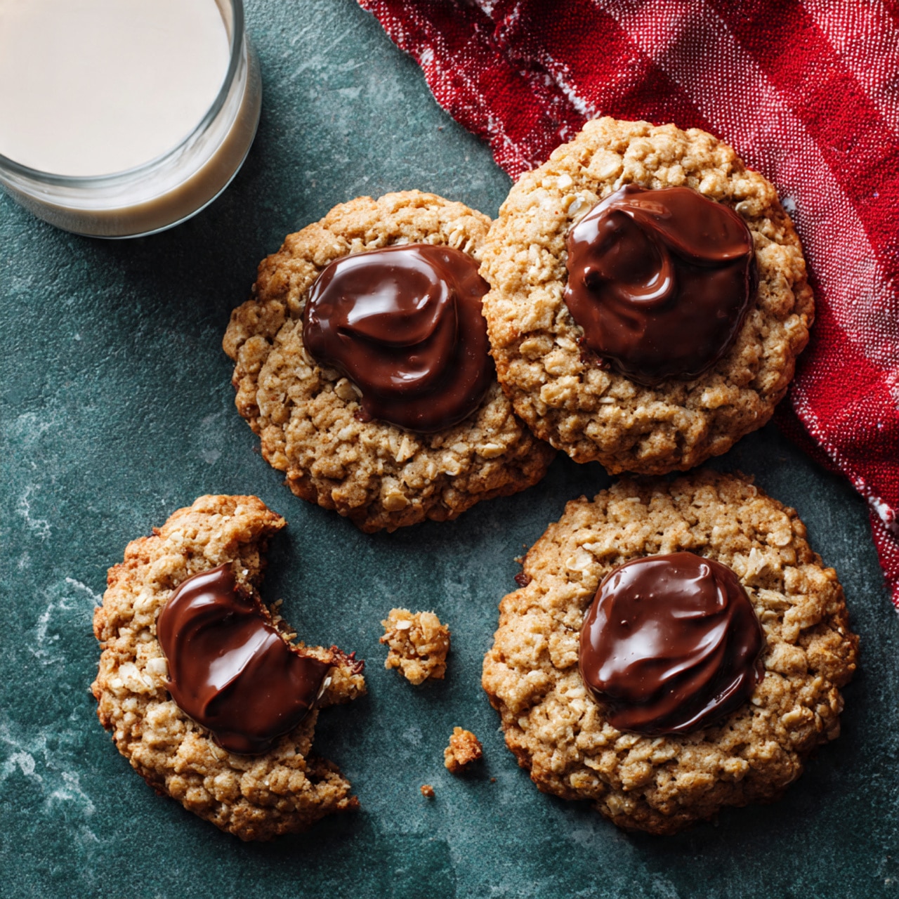 The image shows four round oatmeal cookies with a dollop of smooth, dark chocolate on top of each one. The cookies are light brown with a rough and chunky texture from the oats. One cookie in the front is broken with crumbles around it, and spreading soft chocolate is visible on the broken part. The cookies rest on a dark teal flat surface with a white marbled texture nearby, and a red and white cloth is seen in the top right corner. A clear glass of milk is placed on the left side behind the cookies. photo taken with an iphone --ar 4:5 --v 7