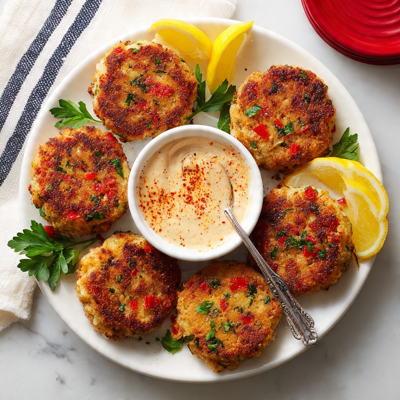 A white plate holds seven golden-brown crab cakes arranged in a circular pattern. Each crab cake is thick, with a crispy textured surface showing bits of green herbs and red peppers. In the center of the plate, there is a small white bowl filled with creamy dipping sauce sprinkled with paprika, with a silver spoon resting inside. Around the plate, there are fresh lemon wedges, a sprig of parsley, a white cloth with navy stripes, and a red container. All items rest on a white marbled surface. Photo taken with an iphone --ar 4:5 --v 7