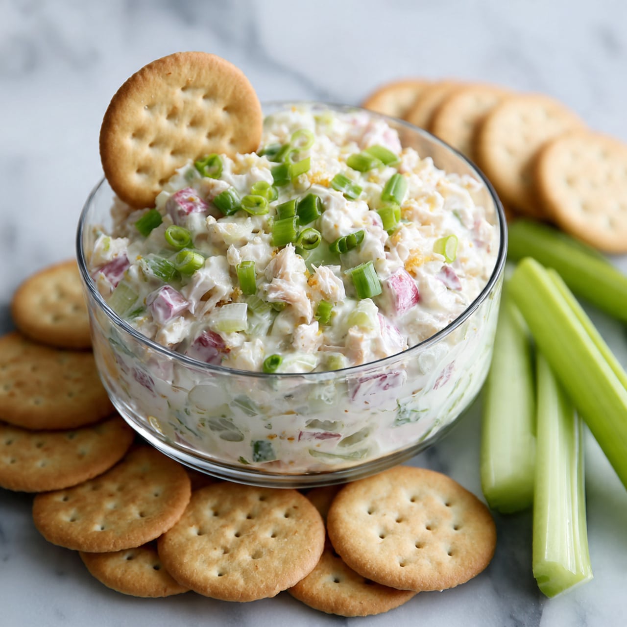 The image shows a clear glass bowl filled with a creamy layered salad. The salad includes small pieces of white and pink ingredients mixed together, topped with chopped green onions for a fresh touch. A round cracker is placed standing inside the bowl, partially covered by the salad. Around the bowl, there are more round crackers neatly arranged on a white marbled surface, with a couple of long green celery sticks placed beside them. The overall look is fresh and inviting. photo taken with an iphone --ar 4:5 --v 7