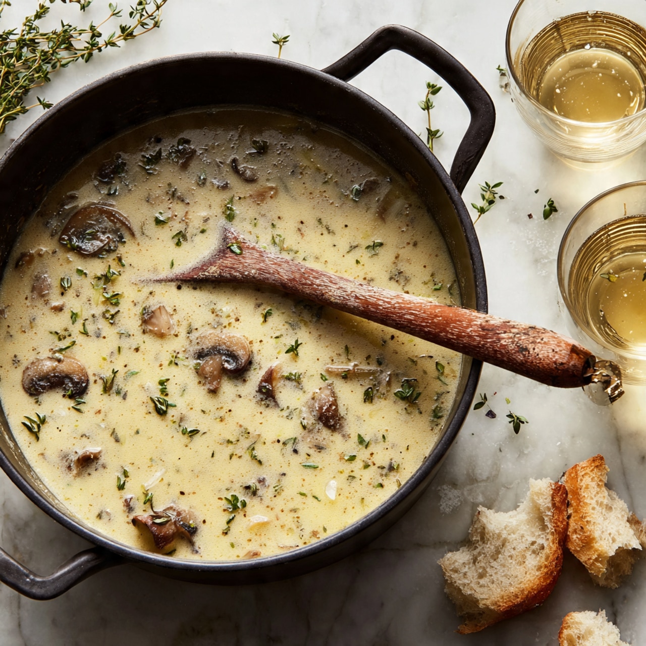 A close-up view of a black cooking pot filled with creamy mushroom soup. The soup is pale yellow with small pieces of brown mushrooms and green herbs floating on top. A wooden spoon with a slightly worn handle rests in the soup, stirring gently. Around the pot, there are small pieces of torn light brown bread and sprigs of fresh green thyme on a white marbled surface. Two clear glasses filled with a light golden liquid are placed near the pot, adding a warm touch to the scene. photo taken with an iphone --ar 4:5 --v 7