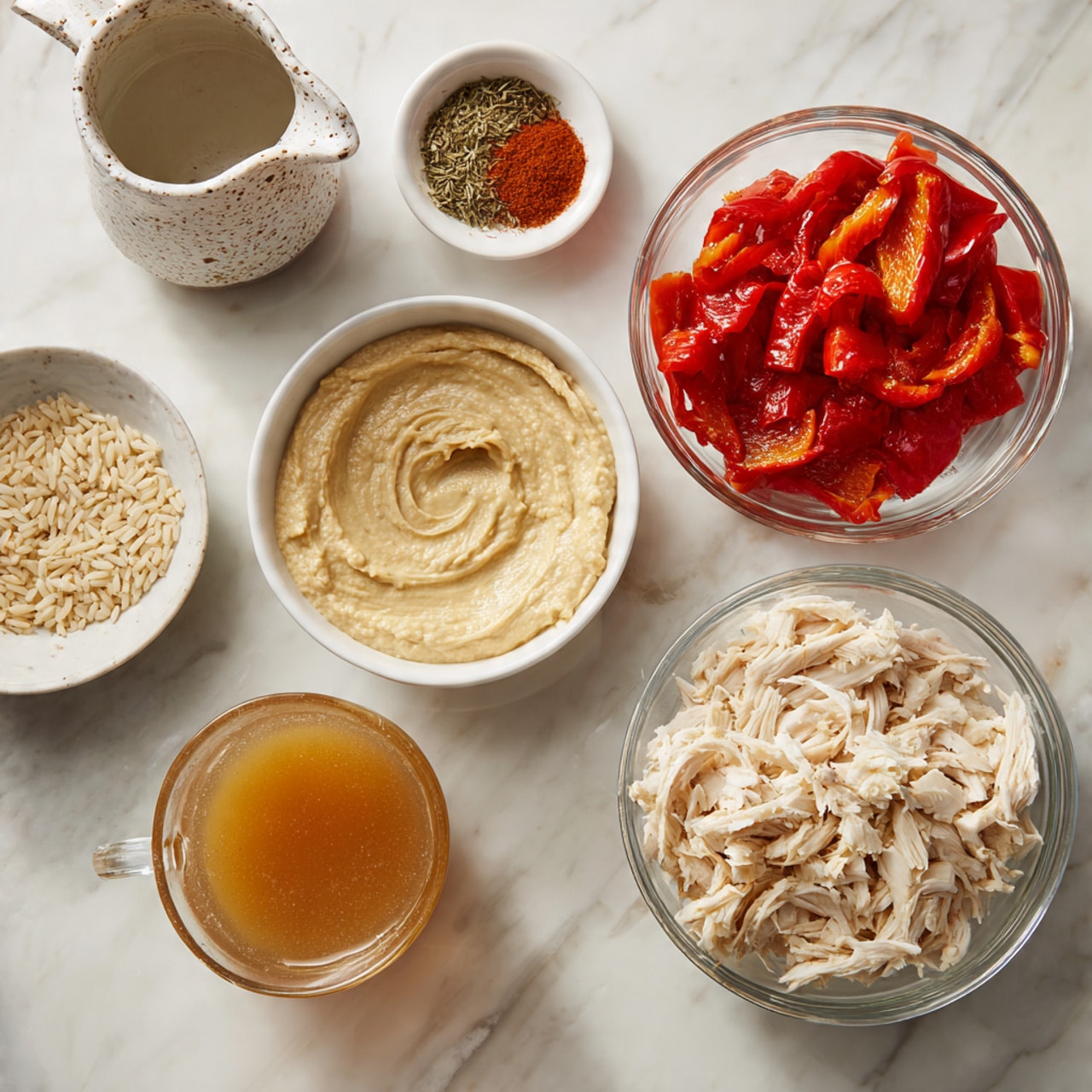 The image shows several ingredients arranged closely on a white marbled surface: a small white bowl filled with smooth, creamy pale beige hummus with visible swirls on top; next to it, a clear glass bowl holds bright red roasted peppers with a slightly charred texture; to the bottom right, a clear glass bowl contains shredded white chicken pieces with a soft, fibrous texture; below that, a small white bowl is filled with cooked brown rice, showing individual grains; and a clear measuring cup filled with light brown broth is seen on the bottom left. In the background, there is a small glass bowl holding dried herbs and red powder seasonings, and a stack of white bowls. A white ceramic pitcher with brown speckles is placed on the left. The photo was taken with an iphone --ar 4:5 --v 7