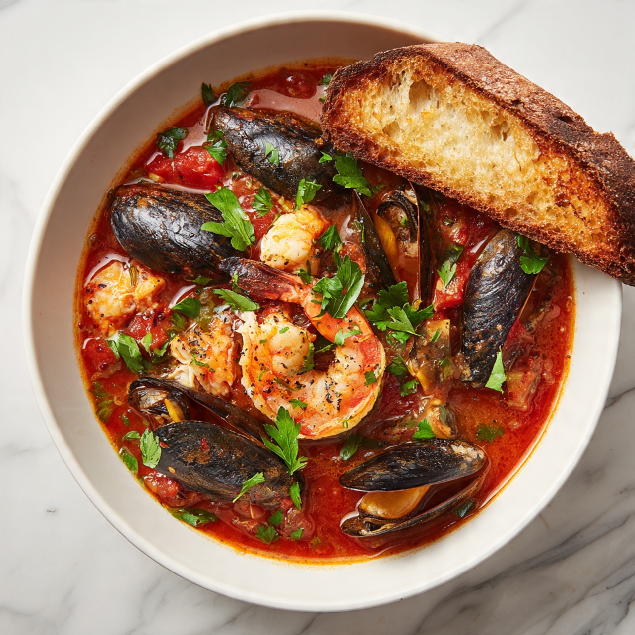 A white bowl filled with a rich red tomato seafood stew, showing several open dark mussel shells layered around the edges, a large pink shrimp near the top center, chunks of white fish and crab leg pieces mixed throughout, all covered with fresh green parsley leaves. A crisp piece of toasted bread rests on the right side of the bowl. The bowl sits on a white marbled surface photo taken with an iphone --ar 4:5 --v 7