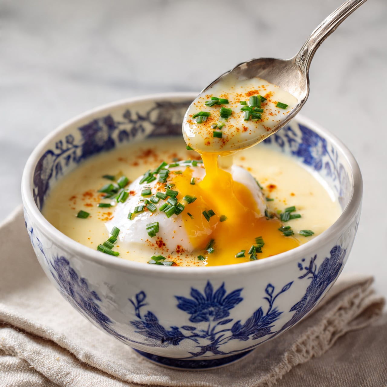 A white ceramic bowl with blue floral patterns holds a creamy, light yellow soup that looks smooth and thick. On top of the soup, finely chopped green chives and a sprinkle of paprika add color and texture. A silver spoon lifts a portion of the soup with a soft poached egg in the middle, showing the runny egg white dripping back into the bowl. The bowl is placed on a beige cloth over a white marbled surface with a soft, blurred background. photo taken with an iphone --ar 4:5 --v 7