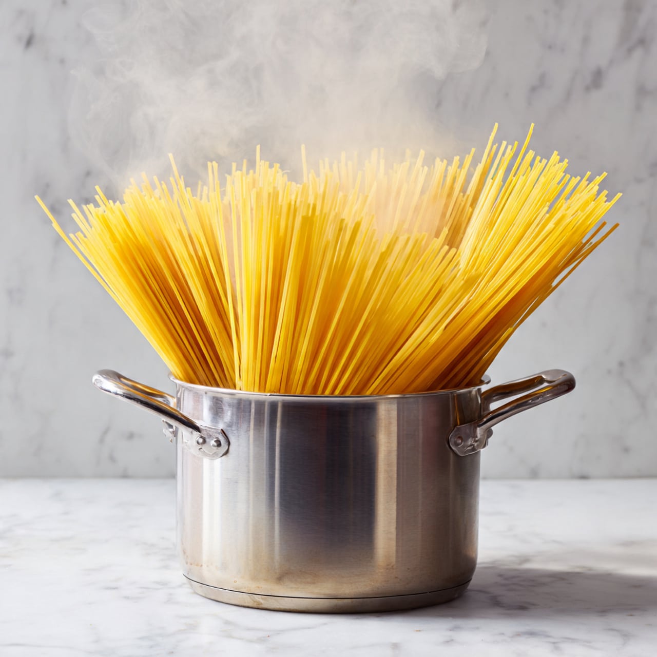 A tall silver pot filled with boiling water is shown with long strands of dry yellow spaghetti sticking out and standing upright from the middle of the pot. Steam lightly rises from the pot’s surface, and the spaghetti strands are thin and straight, slightly fanned out at the top. The pot is placed on a stove with a simple background, all resting on a white marbled surface. photo taken with an iphone --ar 4:5 --v 7