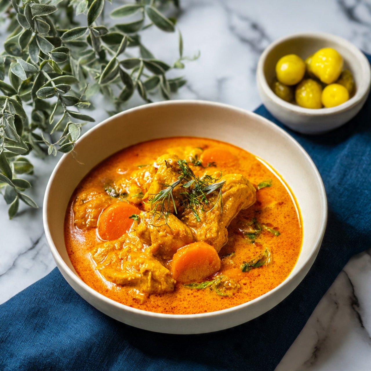 A white bowl filled with thick, creamy orange curry with pieces of chicken and sliced carrots visible, covered in a rich sauce. The curry looks smooth and glossy with a few green herbs sprinkled on top. Next to the bowl is a small white bowl with three yellow pickles. The bowl sits on a dark blue cloth on a white marbled surface, and in the top left corner, green leaves from a plant are visible. Photo taken with an iphone --ar 4:5 --v 7