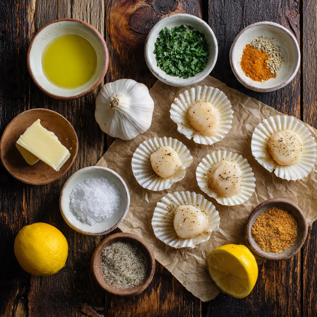 The image shows small round scallops with a light cream color placed on brown parchment paper on a wooden table. There are small black specks on the scallops, likely pepper. Around them, there are seven small white bowls holding different ingredients: a light yellow liquid, coarse white salt, chopped green herbs, two small pats of pale butter, coarse yellow powder, and a mix of brown and beige spices. A whole white garlic bulb and a bright yellow lemon sit near the bowls. The whole setup is on a dark wooden surface. Photo taken with an iphone --ar 4:5 --v 7