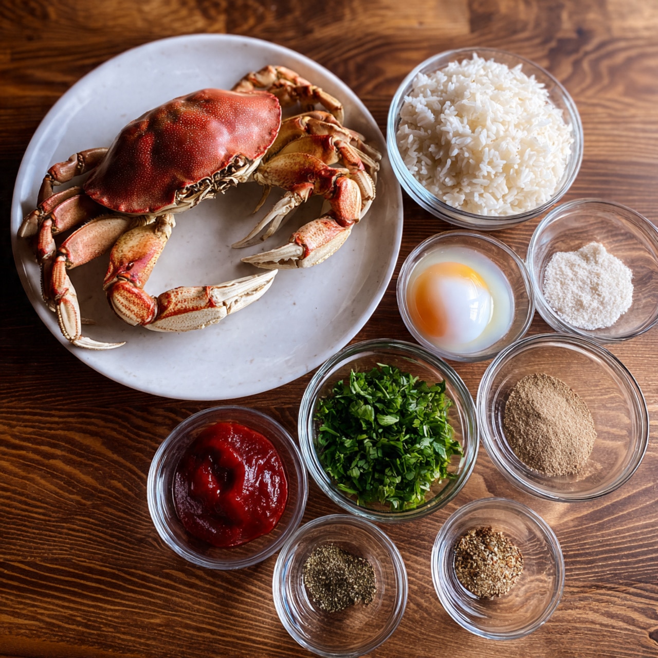 The image shows a white plate with a whole raw crab placed on the left side of a wooden table. Around it, there are eight clear glass bowls arranged in a loose semicircle on the right side, each with different ingredients: white rice, white liquid (likely milk or cream), an egg, chopped green herbs, red sauce, ground black pepper, a brown powdered spice, and salt. The surface is a white marbled texture. Only the ingredients and the crab are visible, no utensils or hands appear. Photo taken with an iphone --ar 4:5 --v 7