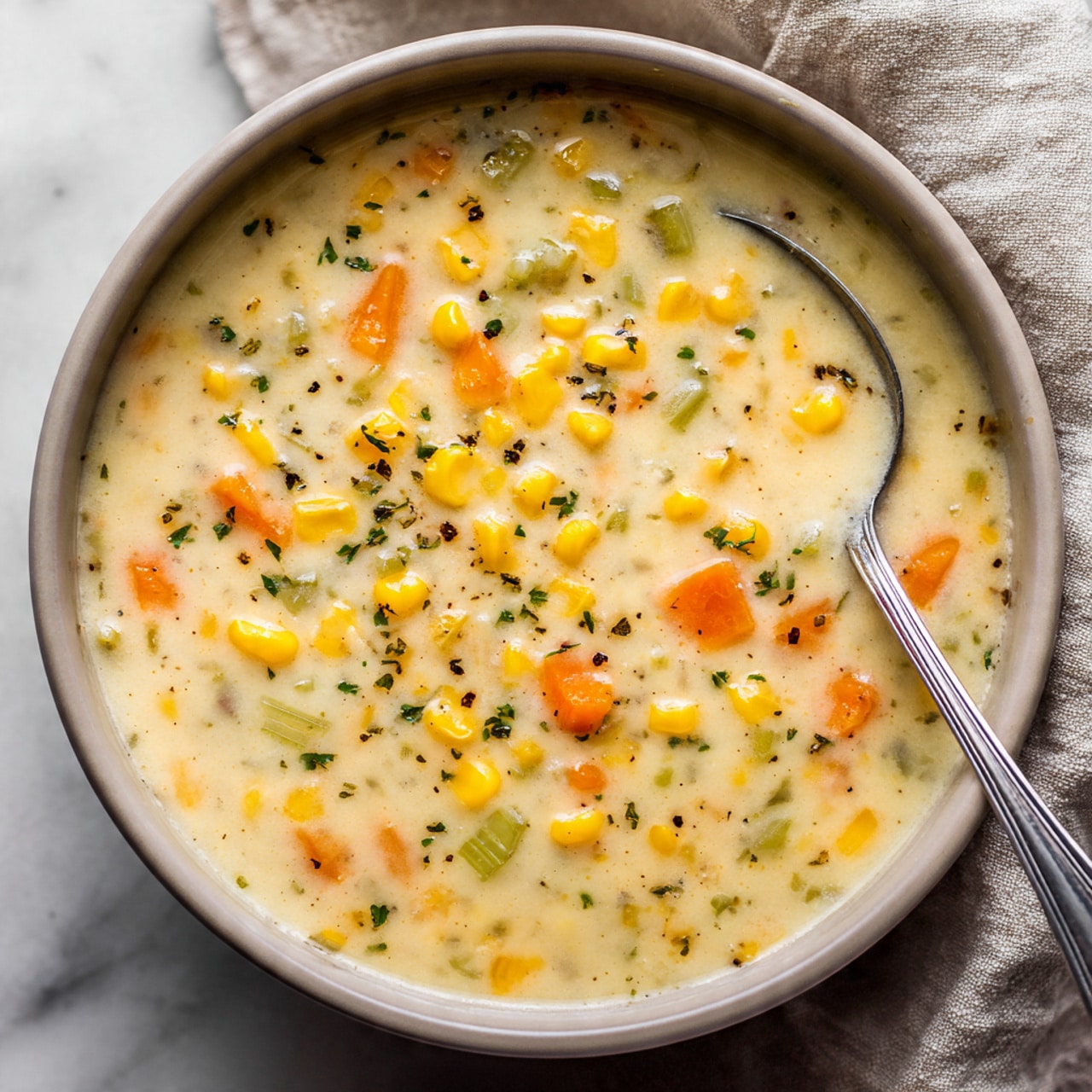 A close-up view of a pot filled with creamy soup showing a thick white broth that holds bright yellow corn kernels and soft orange carrot slices. Small pieces of celery add light green color, scattered evenly throughout the soup, along with bits of herbs and spices visible as tiny dark flecks. The soup's surface is glossy and slightly textured, with a silver spoon partially submerged on the right side. The pot sits on a wrinkled cloth over a white marbled surface in the background. photo taken with an iphone --ar 4:5 --v 7
