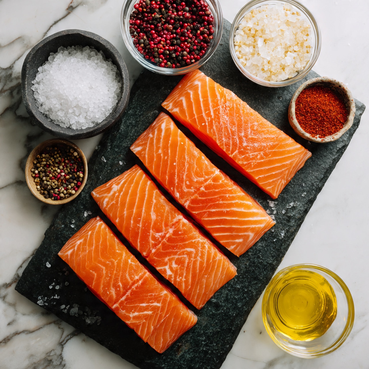 The image shows four raw salmon fillets with a bright orange color and light white lines, neatly lined up on a dark stone slab. Around the salmon, there are small bowls and jars holding various ingredients: a bowl filled with coarse salt, another bowl with peppercorns, a small glass container with golden olive oil, and a small bowl of red spice powder. The surface below everything is a white marbled texture, adding light contrast to the darker elements. photo taken with an iphone --ar 4:5 --v 7