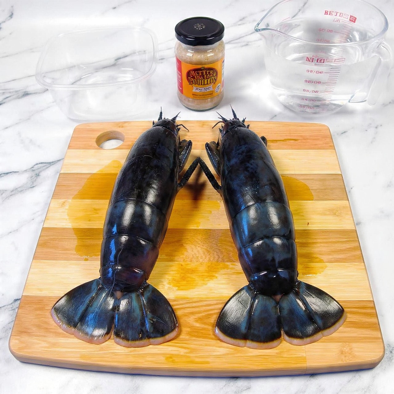 The image shows two dark lobster tails placed side by side on a light-colored wooden cutting board. The tails have a shiny, wet texture with pale raw meat visible at the thicker ends. Above the board, there is a glass measuring cup filled with clear water on the right, and an empty transparent plastic container on the left. In between these two containers is a small jar of “Better Than Bouillon” lobster base with a brownish yellow label. The background is a white marbled texture. photo taken with an iphone --ar 4:5 --v 7