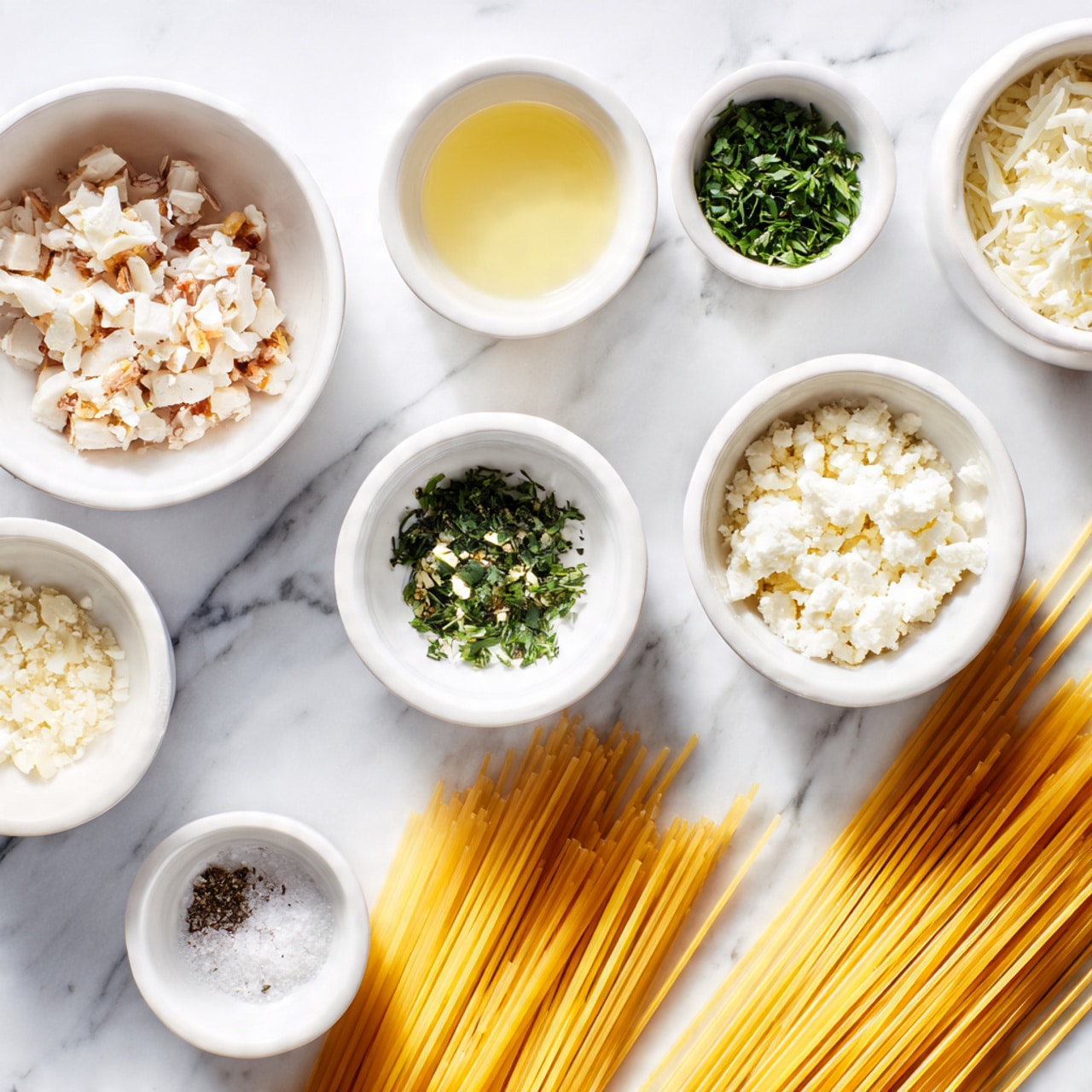 The image shows several small white bowls arranged on a white marbled surface. One bowl has small white pieces that look like chopped meat or tofu, another with finely chopped green herbs, one with a pale yellow liquid, a bowl with white crumbled cheese, one with a small amount of white creamy substance, and another with salt and pepper. Below the bowls, there are long yellow uncooked spaghetti noodles spread out flat. The bowls and noodles are neatly placed, creating a clean and organized cooking preparation scene. Photo taken with an iphone --ar 4:5 --v 7