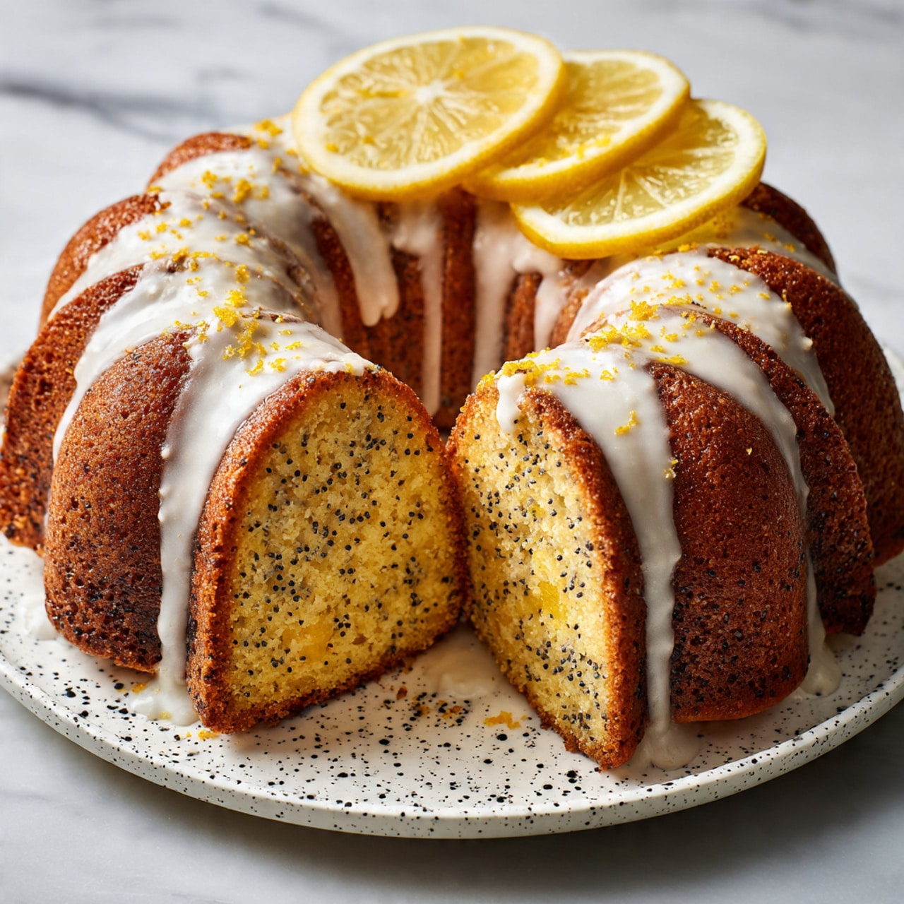 A yellow poppy seed bundt cake with a moist texture and a golden brown crust sits on a white plate with black specks. The cake is cut to show its inside, which has evenly spread small black poppy seeds throughout. White glaze drips down the ridges of the cake, pooling slightly on the plate, and there are tiny bits of yellow lemon zest sprinkled on top. Two thin lemon slices rest on the top center of the cake. The scene is set on a white marbled surface. photo taken with an iphone --ar 4:5 --v 7