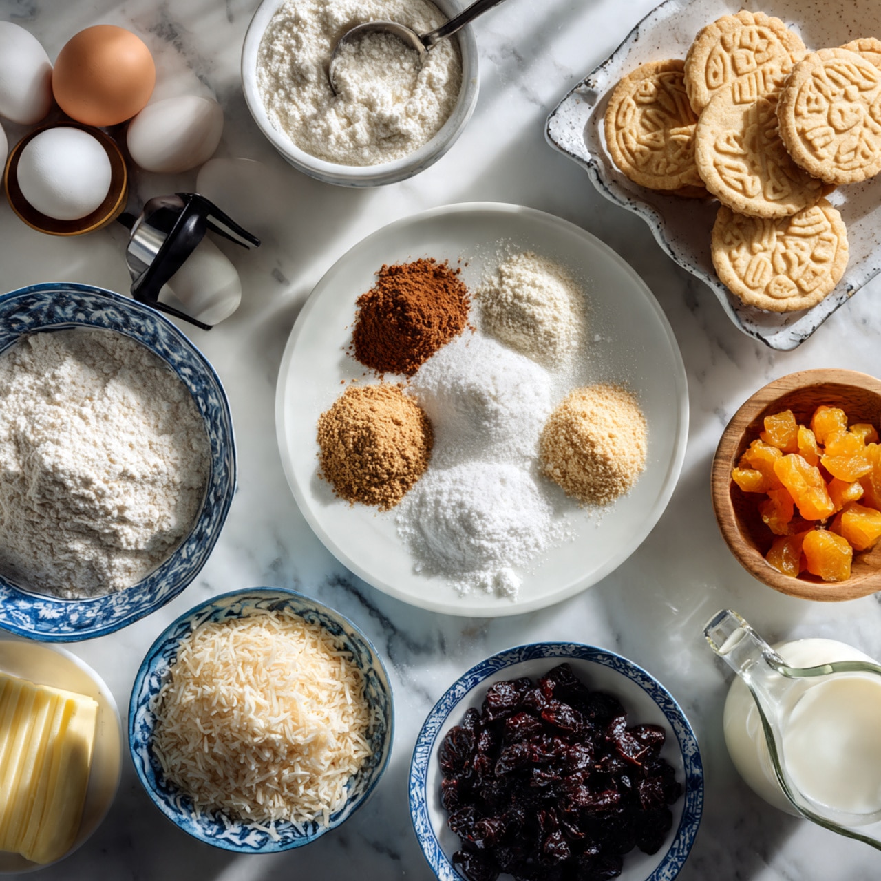 A top-down view shows various baking ingredients arranged on a white marbled surface. There is a white plate in the middle holding small piles of brown, beige, and white powders of different textures. Around it, several bowls hold white flour, white sugar, white eggs in a blue patterned bowl, chopped orange pieces in a wooden bowl, dark dried cherries in a blue patterned bowl, and a beige crumbly mixture in another blue patterned bowl. A small black measuring cup contains white shredded coconut, and a white scalloped dish holds a stick of pale yellow butter. A silver container holds round beige cookies or biscuits with patterns pressed on the top. A glass measuring cup filled with white milk is also visible. The light is soft and natural, casting gentle shadows. Photo taken with an iphone --ar 4:5 --v 7