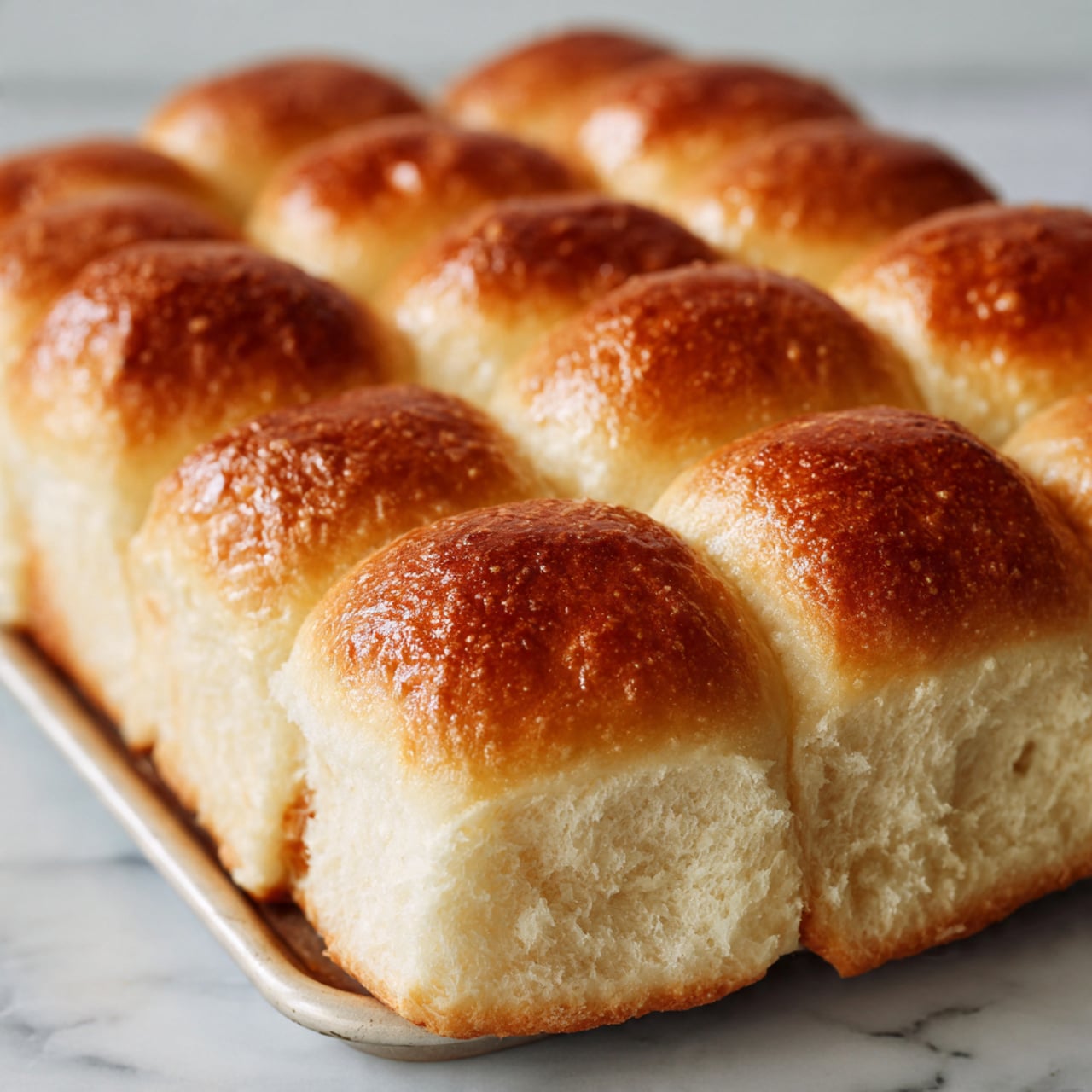 This image shows a close-up of a tray filled with 20 square dinner rolls arranged in a 4 by 5 grid. Each roll is golden brown on top with a shiny, slightly textured surface that looks soft and fluffy. The rolls are touching each other, forming a pattern with light brown edges where they meet. The background is a white marbled texture. photo taken with an iphone --ar 4:5 --v 7