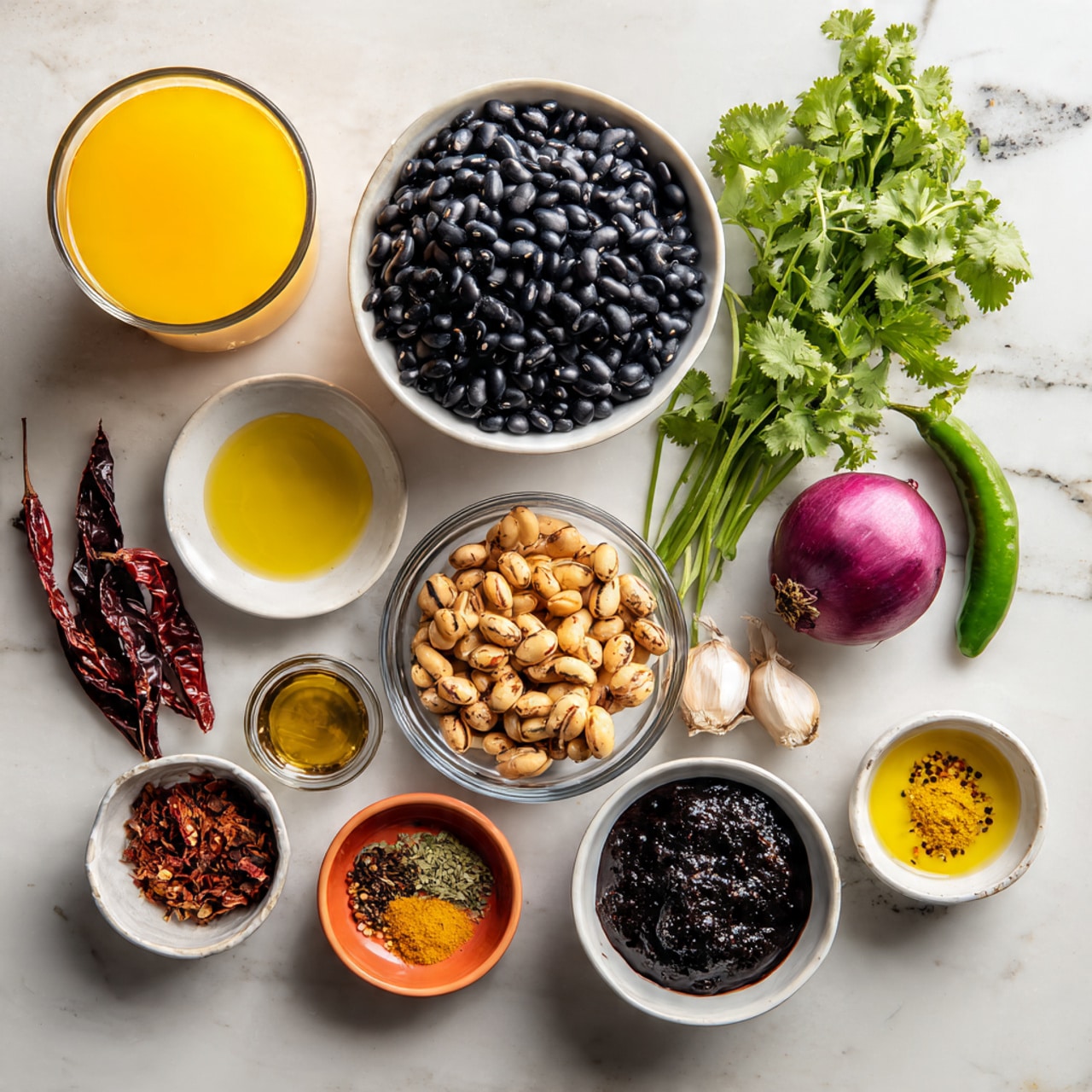 The image shows several small bowls and containers arranged on a white marbled surface. There is a white bowl filled with black beans at the front left, a clear glass bowl filled with roasted peanuts near the center, and a white bowl containing black sauce or paste at the front right. Around these, various ingredients are placed including a bunch of fresh green cilantro on the top right, a whole red onion, two garlic cloves, and a green chili pepper. There are also small white bowls containing yellow oil, a mix of red and green spices, and a small orange bowl with dark red dried chilies. A clear container with orange juice is at the top left. The composition is neat and colorful with different textures like smooth beans, rough peanuts, and leafy herbs. photo taken with an iphone --ar 4:5 --v 7