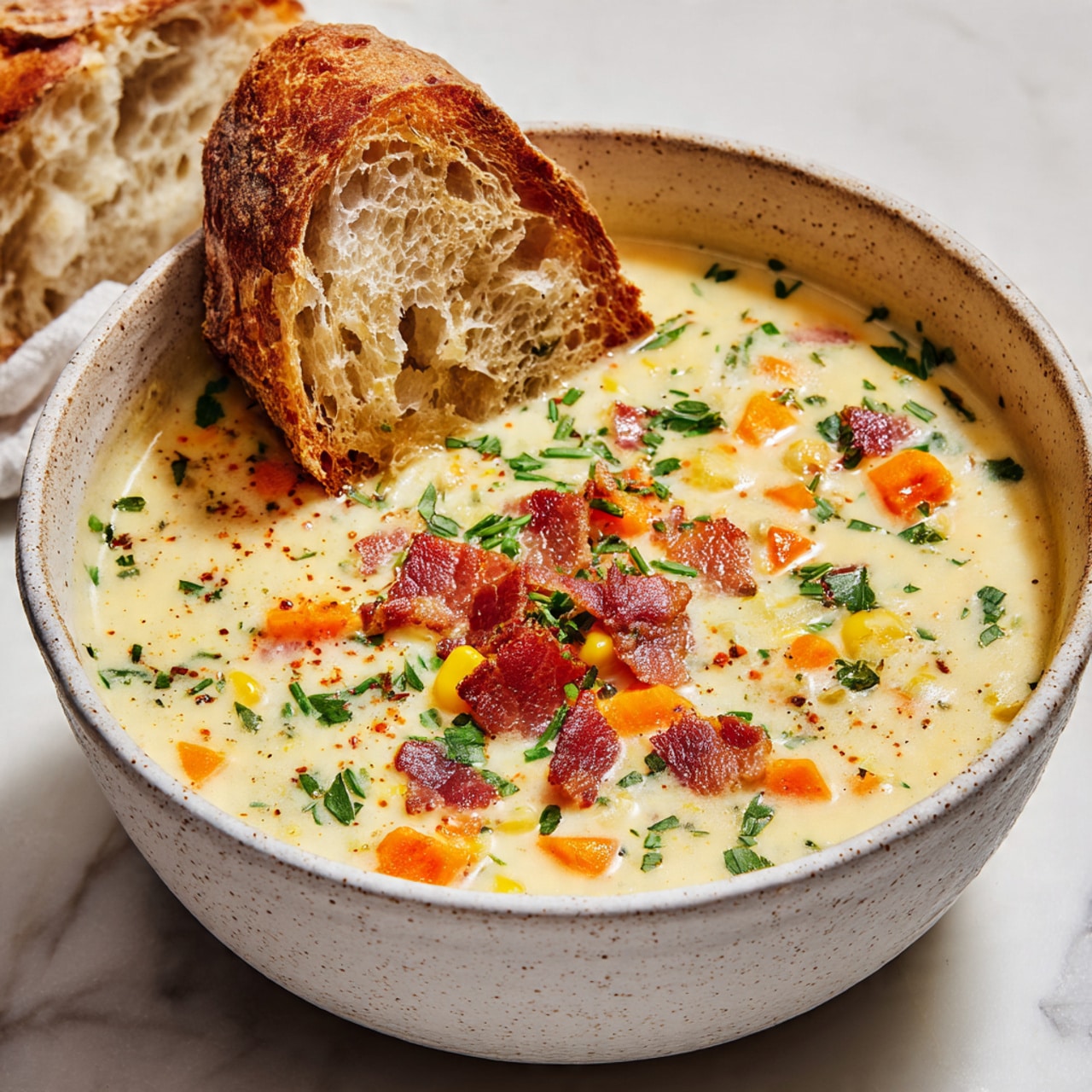 A thick creamy soup filled with visible chunks of orange carrots, yellow corn, green herbs, and crispy reddish-brown bacon pieces, all layered in a speckled off-white bowl with a slightly rough texture. A half-submerged piece of crusty golden-brown bread leans on the inside edge of the bowl, showing a soft, airy interior. The bowl is placed on a white marbled surface with a blurred chunk of similar bread in the background. The overall color palette is warm and inviting with a mix of soft cream, vibrant vegetable colors, and toasted bread browns. Photo taken with an iphone --ar 4:5 --v 7
