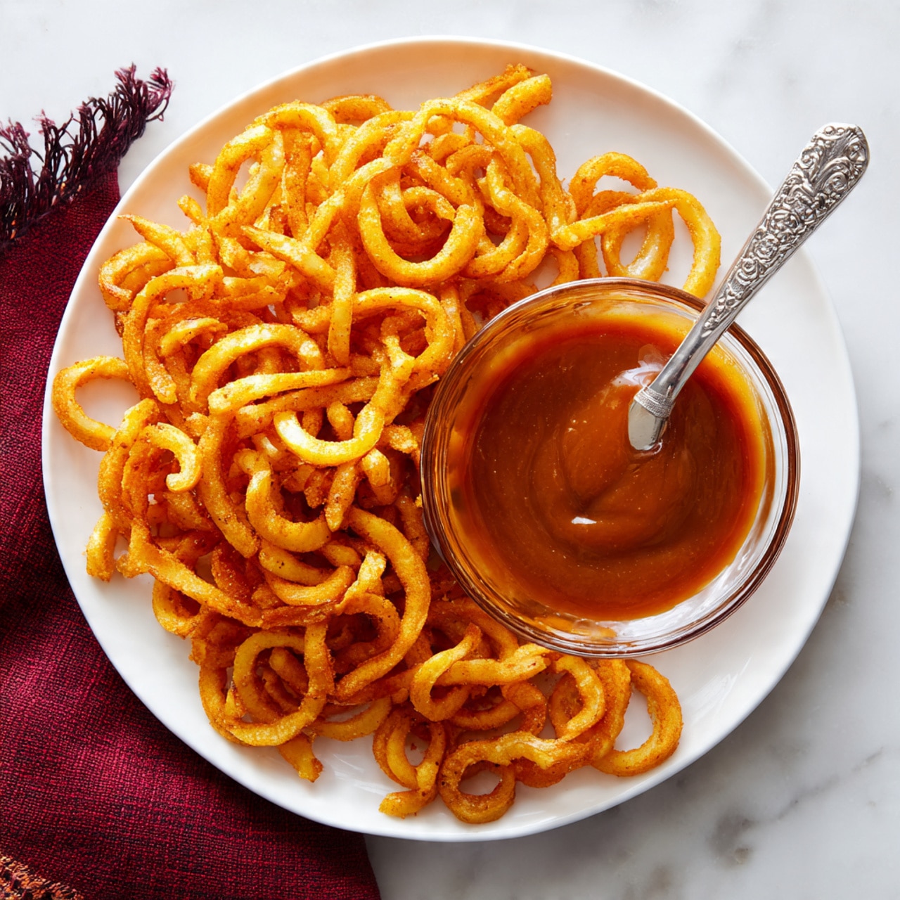 A white plate sits on a white marbled surface, filled with golden-orange curly fries that are twisted and crispy with a slightly rough texture. In the center of the plate is a clear round glass bowl filled with smooth, shiny reddish-brown sauce, with a silver ornate knife dipped into it, resting on the edge of the bowl. The sauce has a slight drip on the edge of the bowl, and a dark red cloth with fringed edges is placed beside the plate. Photo taken with an iphone --ar 4:5 --v 7