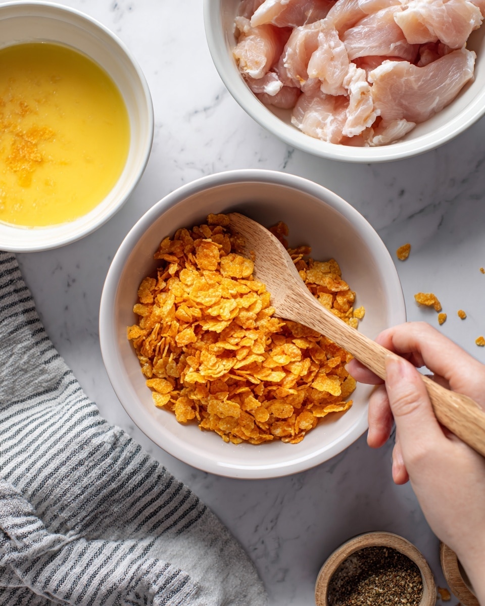 The image shows a white bowl in the center filled with bright orange crushed cornflakes and a wooden spoon resting inside, held by a woman's hand. To the top left, there is a white bowl filled with a light yellow beaten egg mixture. On the top right, another white bowl contains raw, light pink chicken strips. The background is a white marbled surface, with a gray and white striped cloth partially visible on the left side. There are small containers with spices at the bottom right corner. Photo taken with an iphone --ar 4:5 --v 7