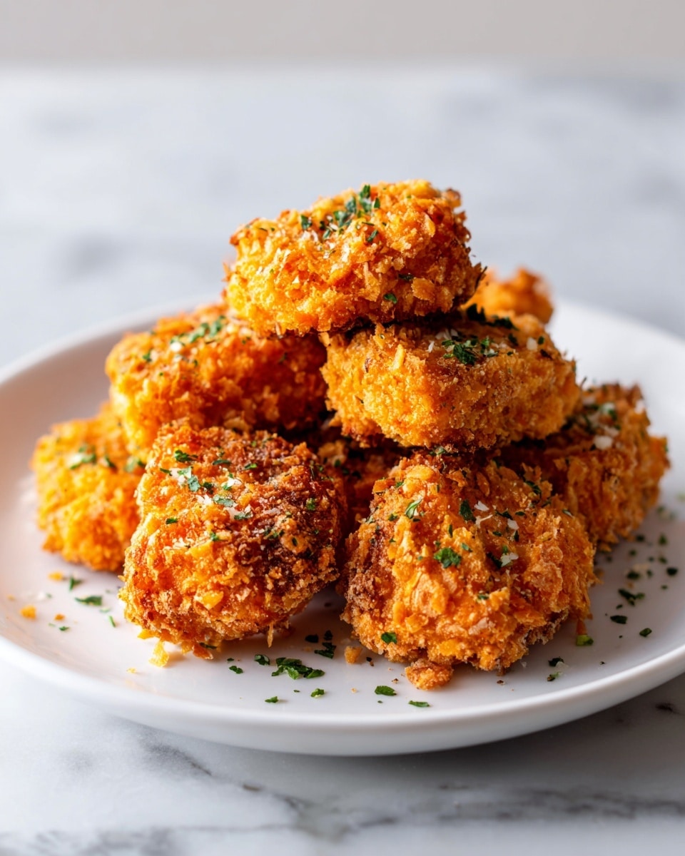 A white plate filled with crispy golden brown chicken nuggets showing a crunchy texture on each piece, sprinkled lightly with finely chopped green herbs on top. The nuggets are stacked in a small pile, with a few pieces resting at different angles to show their rough, crunchy coating. The background is a clean white marble surface with soft natural light enhancing the warm orange and brown tones of the nuggets. Photo taken with an iphone --ar 4:5 --v 7