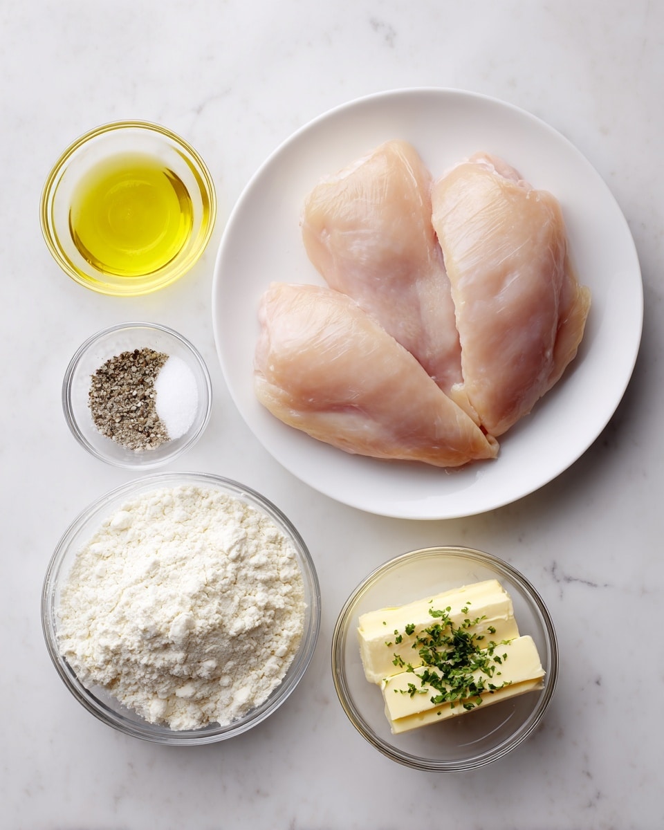 A white plate holds two raw chicken pieces that are light pink and smooth. Below the plate, four small glass bowls are laid out on a white marbled texture surface. The top left bowl contains a clear yellow liquid, likely oil. To its right is a bowl with white salt and black pepper mixed side by side. Below, on the left side, is a bowl filled with white flour that looks soft and powdery. On the right side is a bowl holding two yellow sticks of butter topped with chopped green herbs and minced garlic. Photo taken with an iphone --ar 4:5 --v 7