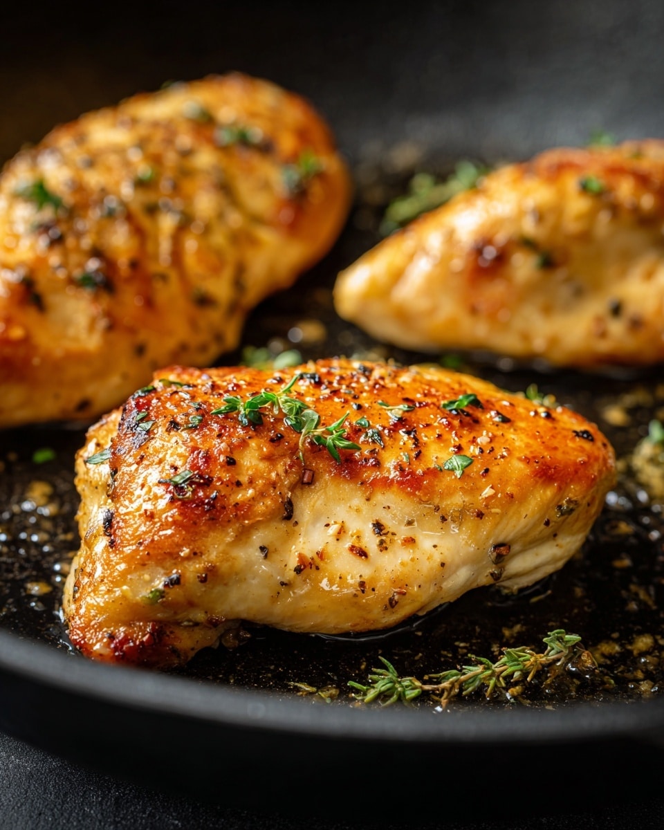 The image shows three cooked chicken pieces in a black skillet. Each chicken piece is golden brown with a crispy texture on top and sprinkled with small green herbs. The skillet’s surface has browned bits and oil, indicating the chicken was cooked in it. The chicken pieces are arranged with one prominently in the front center and two others slightly blurred in the background. The look is warm and rustic with a focus on the seasoned chicken skin. photo taken with an iphone --ar 4:5 --v 7