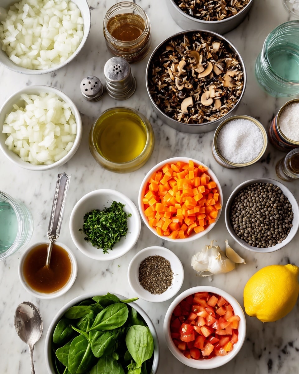 Top view of many small white bowls and metal containers on a white marbled surface, each with different ingredients for cooking. There is one bowl with white diced onions, a metal container with brown and wild rice mix, one with chopped mushrooms, one with chopped orange carrots and chopped celery, and one with green fresh spinach leaves. Another metal container holds dry lentils. A bowl holds salt and different spices in small piles. There is a small bowl with chopped green herbs and a spoon with finely chopped garlic. A jar of brown broth, a small container of olive oil, a glass of water, a whole yellow lemon, and a partially opened can showing diced tomatoes are also present. The arrangement is neat and spread out with good lighting. photo taken with an iphone --ar 4:5 --v 7