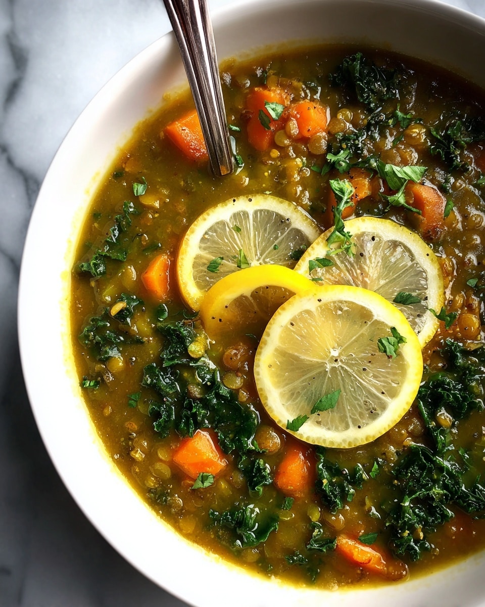 A white bowl filled with a thick green lentil soup, showing visible chunks of cooked orange carrots and green kale leaves floating throughout. Three thin lemon slices are placed on top, adding a bright yellow contrast. A silver spoon rests inside the bowl, partially submerged in the soup. The bowl is set on a white marbled surface. photo taken with an iphone --ar 4:5 --v 7