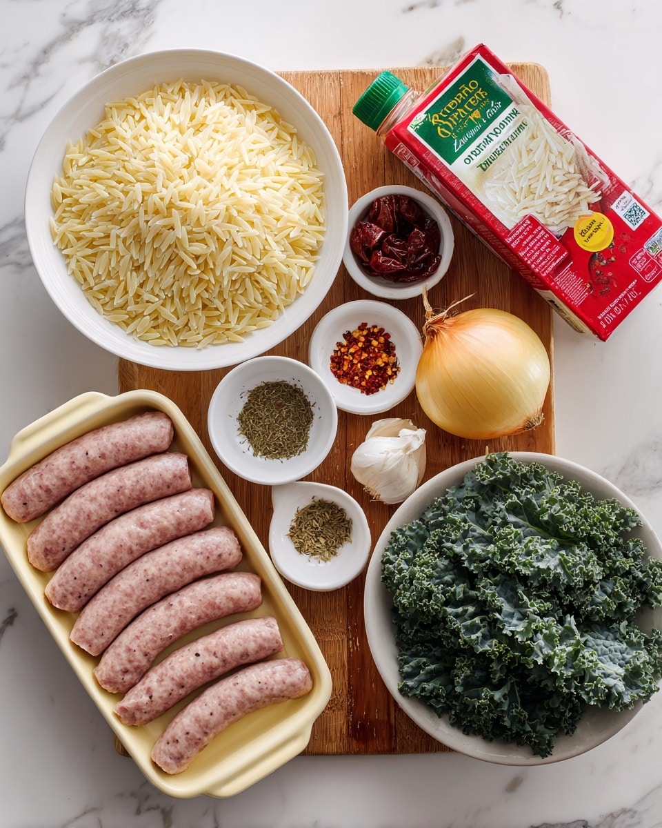 The image shows various raw ingredients arranged on a white marbled surface. In the center, there is a white bowl filled with pale yellow orzo pasta. To the bottom right, a white bowl contains fresh green kale leaves with a rough texture. Below the orzo, there is a pale yellow container holding five raw pink sausages with visible specks. To the right of the orzo, on a wooden board, there are three cloves of garlic and a whole yellow onion with a papery skin. Two small white bowls contain red pepper flakes and dried oregano, and a small white ramekin holds dried sun-dried tomatoes. A red carton of organic chicken broth with a green cap and a yellow carton of heavy cream are also present. Photo taken with an iphone --ar 4:5 --v 7
