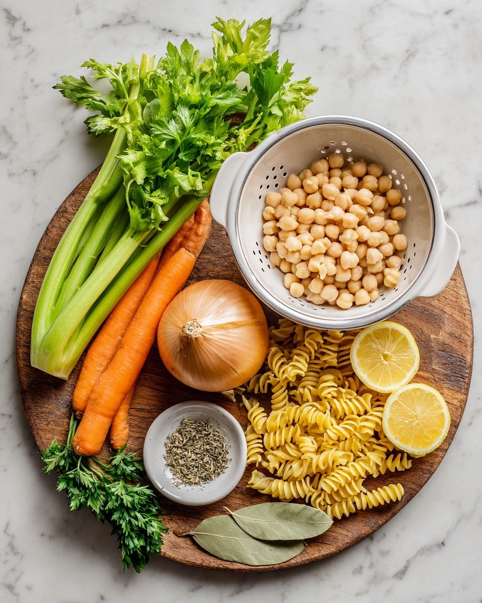 A round wooden board on a white marbled surface holds several food ingredients arranged neatly: a bunch of green celery stalks on the left, next to three bright orange carrots, a large light brown onion near the bottom center, and a heap of yellow spiral pasta scattered below and around the items. On the right side of the board, a white colander filled with light beige chickpeas sits next to two lemon halves, bright yellow with visible juice segments, and a small white bowl containing dried green and brown herbs and two bay leaves placed below it. Fresh green parsley sprigs are spread around the lemons and bowl, adding a touch of leafy texture photo taken with an iphone --ar 4:5 --v 7