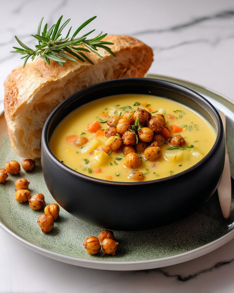 A black bowl filled with thick, creamy yellow chickpea soup with visible small pieces of orange carrot and white potato, topped with a layer of roasted golden-brown chickpeas. The bowl sits on a white plate with a greenish texture, scattered with a few extra roasted chickpeas around the base. To the left, a piece of soft, light brown focaccia bread leans on the plate, with a green rosemary sprig hanging above the bowl. The whole scene is set on a white marbled surface photo taken with an iphone --ar 4:5 --v 7