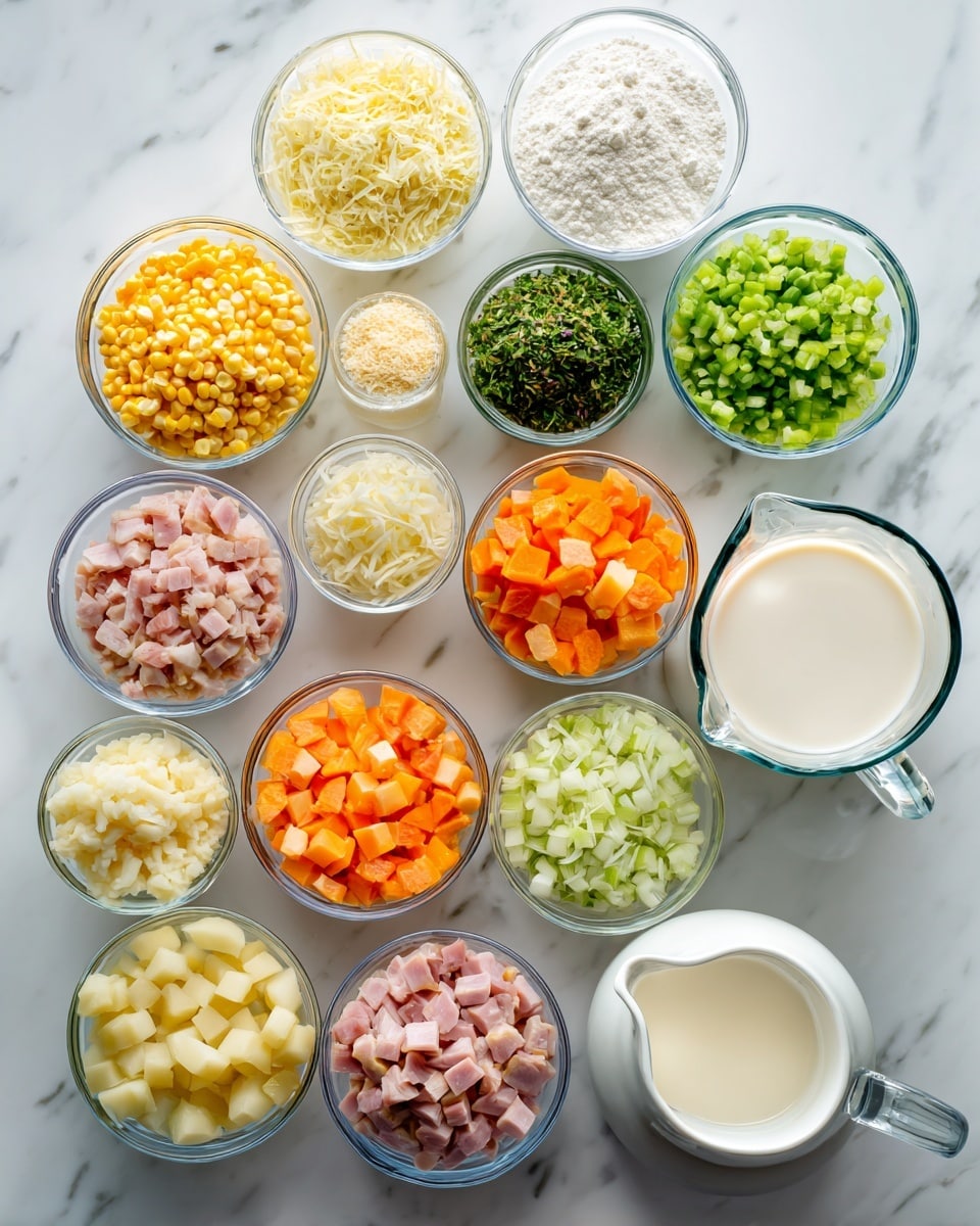 The image shows 12 small clear glass bowls and a clear glass pitcher placed on a white marbled surface. The bowls contain various ingredients: a light yellow liquid, white flour, fresh green herbs, small yellow corn kernels, chopped light green celery, diced orange carrots, golden cubed potatoes, chopped white onions, white beans, shredded orange cheese, diced pink ham, and a small amount of cream or milk. Each bowl is neatly arranged and evenly spaced, all visible clearly from above. The pitcher with a white creamy liquid is placed on the right side. photo taken with an iphone --ar 4:5 --v 7